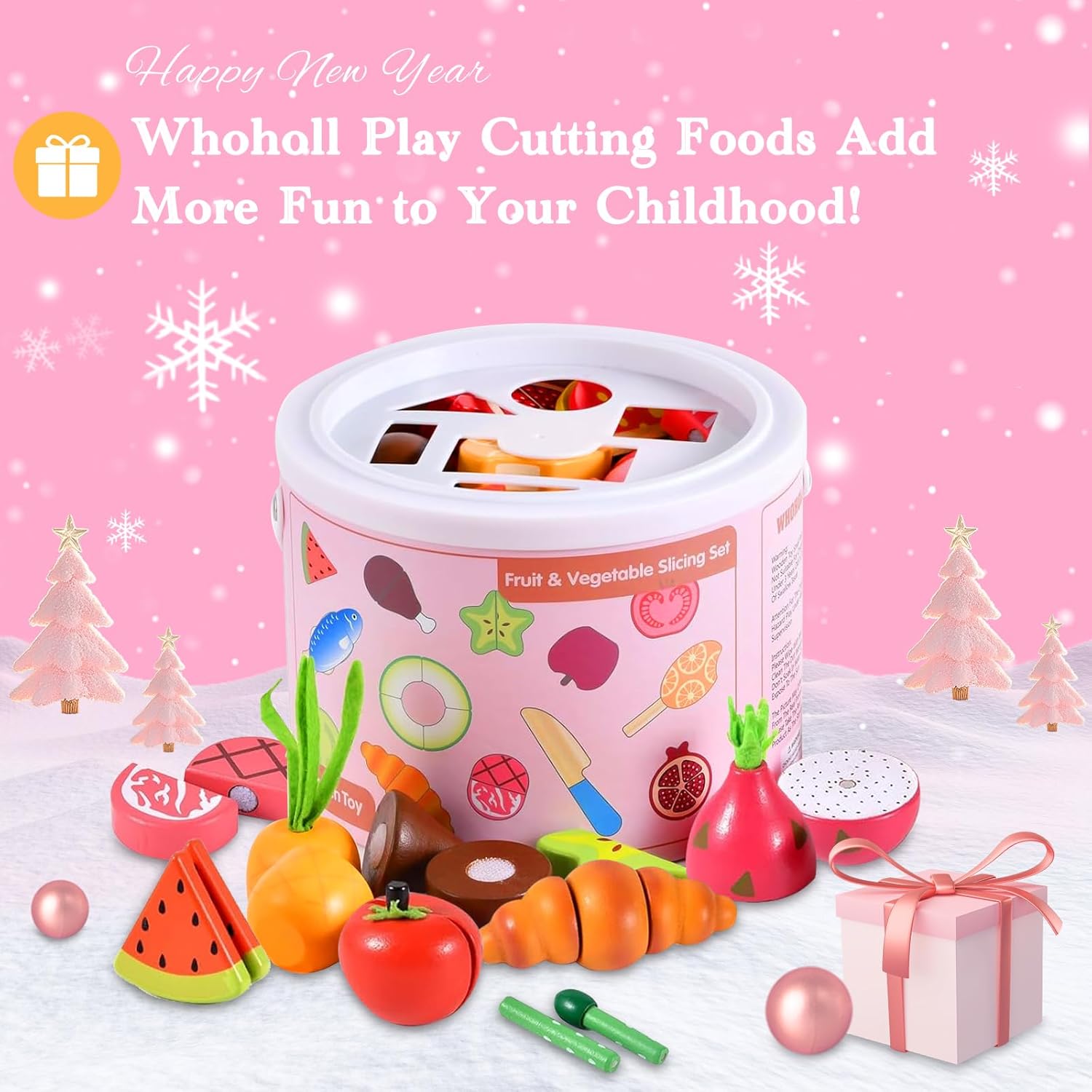 WHOHOLL 45 Pcs Wooden Play Food Toys for Kids Kitchen Playset, Play Kitchen Accessories with Apron, Pretend Cutting Food Montessori Toys Christmas Birthday Gifts for 3+ Year Old Girls Boys