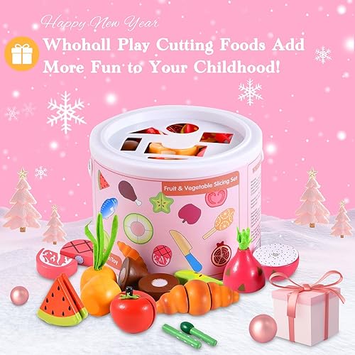 Miniatura 10 de WHOHOLL Juego de comida de madera para niños de cocina, accesorios de cocina para simular, cortar alimentos, juguetes Montessori para niños de más