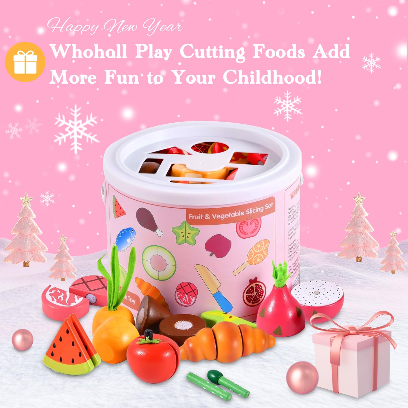 WHOHOLL Wooden Play Food Toys for Kids Kitchen Playset, Play Kitchen Accessories with Apron Pretend Cutting Food Montessori Toys for 3+ Year Old Girls and Boys