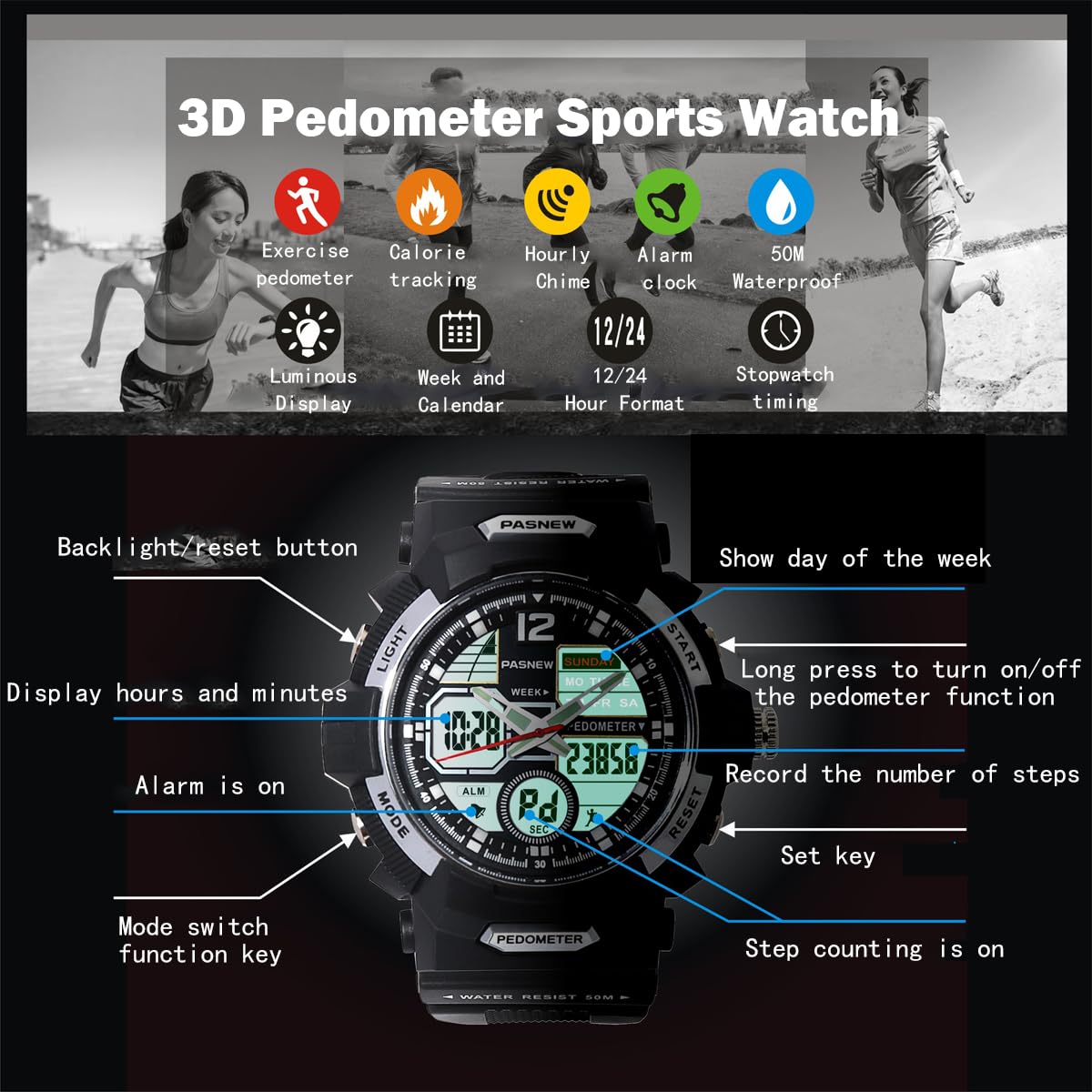 PASNEW Orologio analogico digitale per bambini, contapassi, cronometro, multifunzione, impermeabile fino a 50 m, per adolescenti, ragazzi, ragazze, blu scuro, 489Blu, moderno