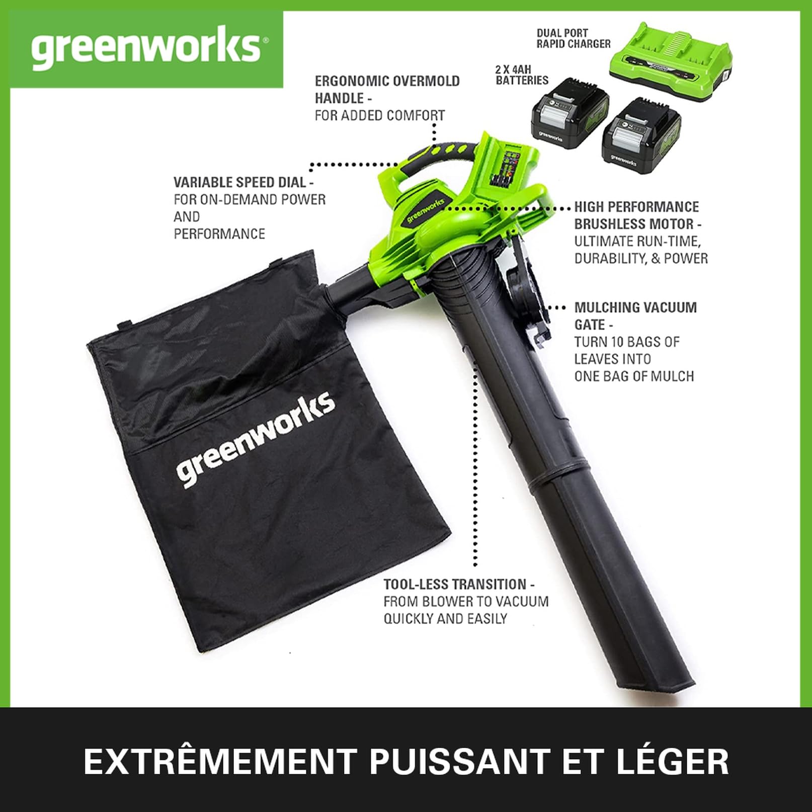 Greenworks GD24X2BVK4X Aspirateur Souffleur Sans fil 322km/h 9m³/min Sac Mulching 45L 2 Batteries 24V 4Ah