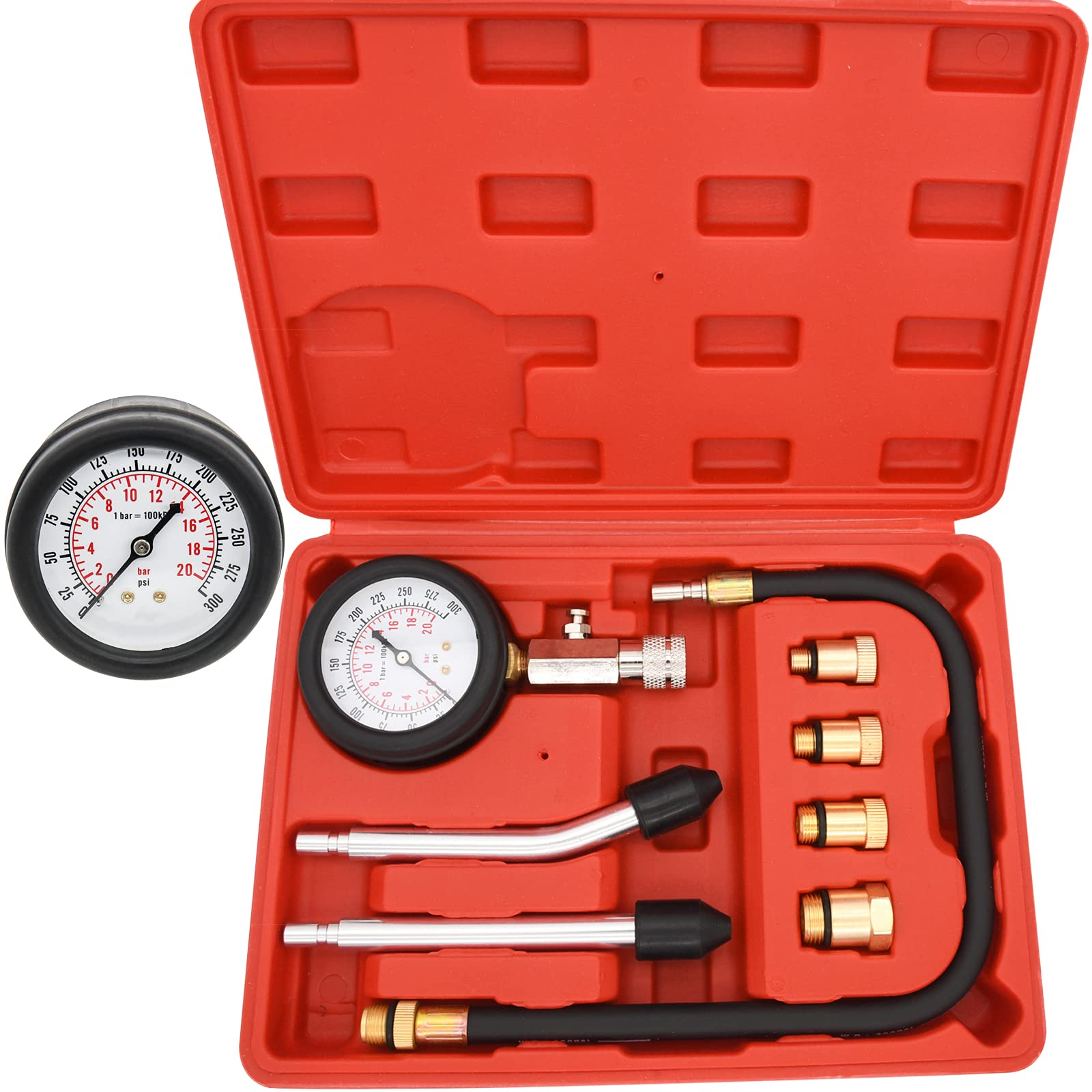 8pcs Engine Cylinder Compression Tester Kit Automotive Tool Gauge,Cylinder Compression Gas Engine Pressure Test kit,0-300PSI