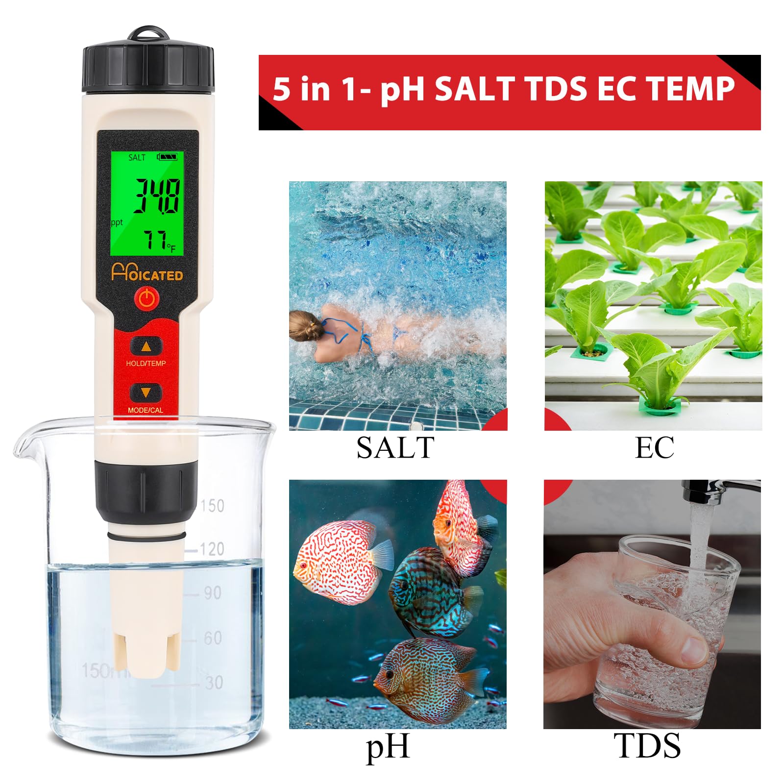 Probador digital de sal y probador de pH para acuarios HOICATED Salinidad y medidor de pH para acuarios de agua salada Estanque de peces Koi Tanques de arrecife Acuarios de agua dulce y pesca marina