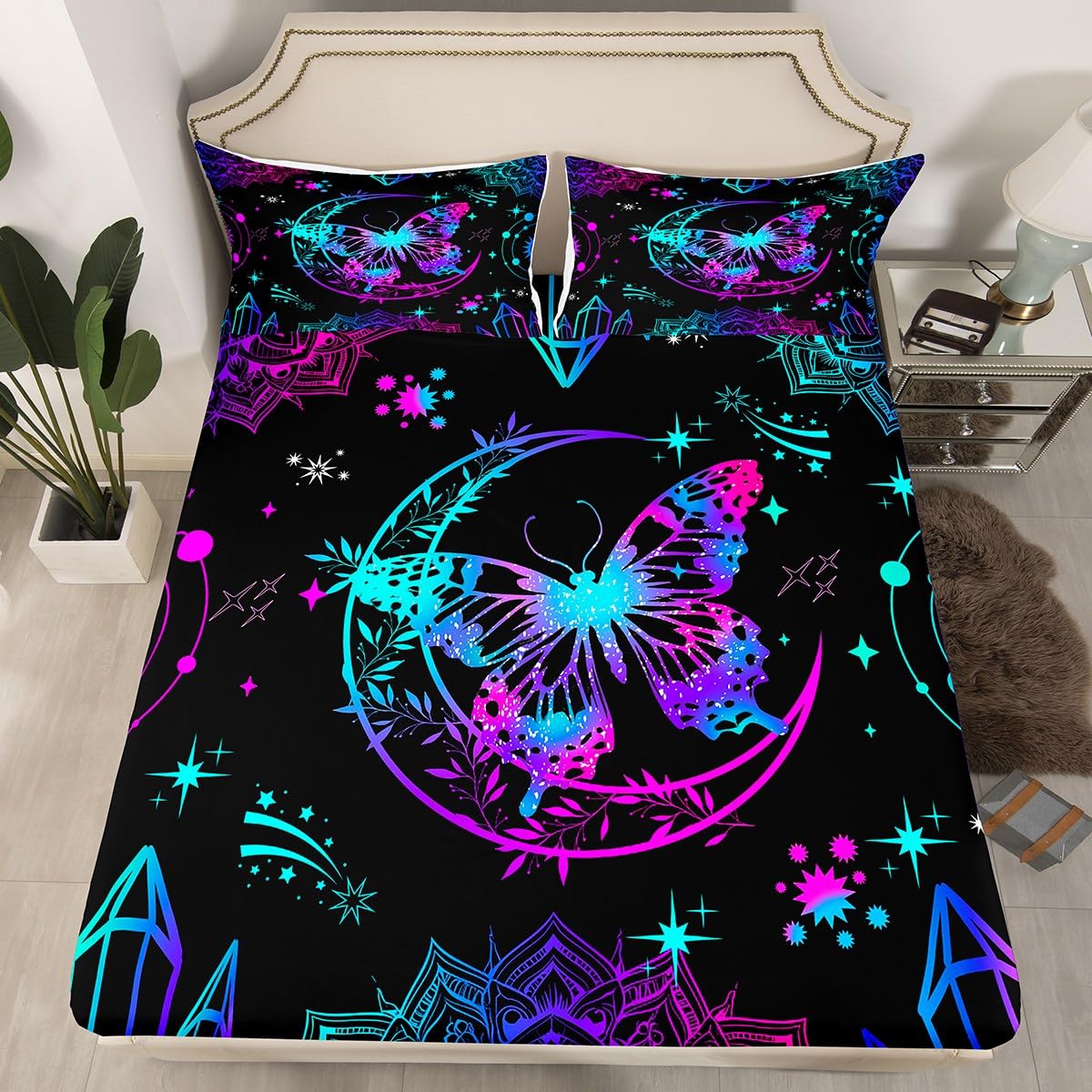 Colorful Butterfly Fitted Sheet Twin Size,Gradient Moon Exotic Mandala Bedding Sets for Kids Teens Adults,Dreamy Moth Cartoon Stars Bed Cover with 1 Pillowcase(No Flat Sheet)