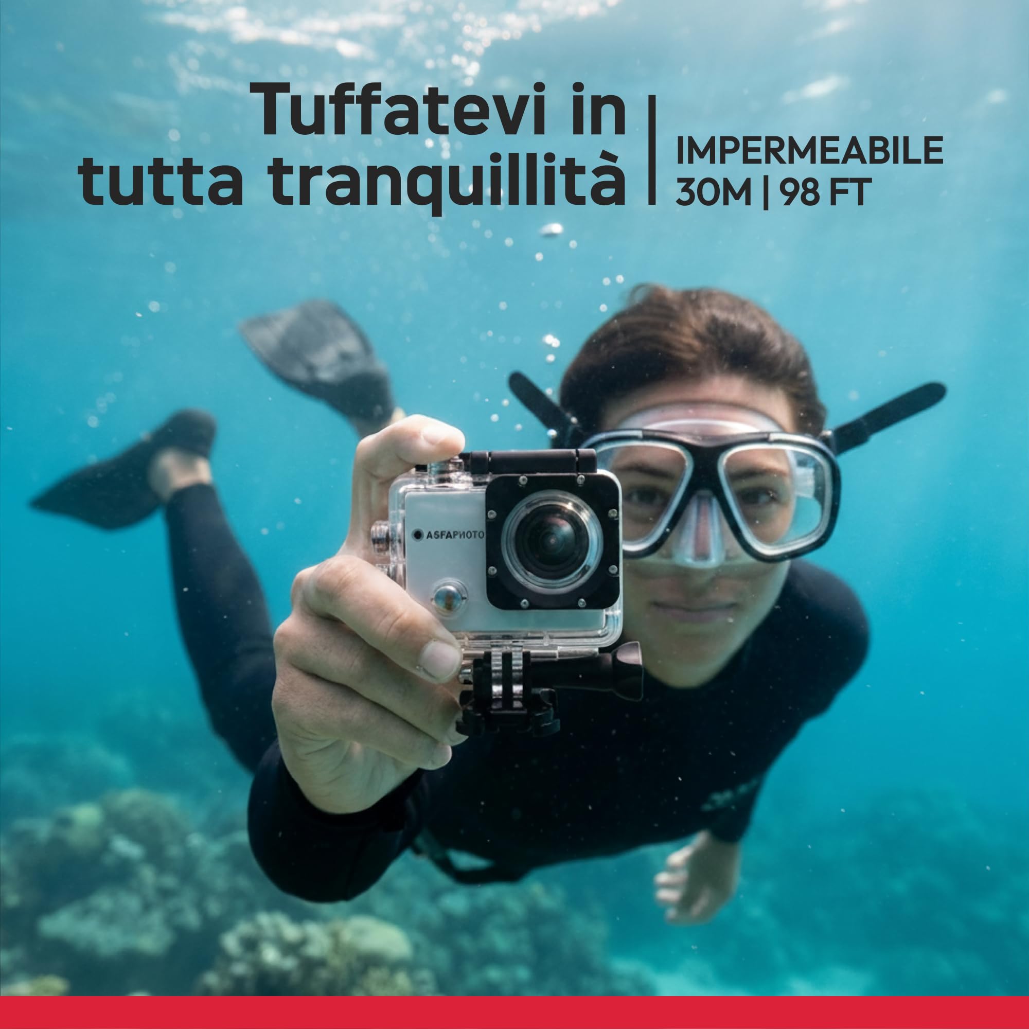 AGFAPHOTO - Action Camera - AC5000 - True 720P 30FPS, Grandangolo 110°, Custodia Impermeabile 30m - WiFi - 12 Accessori Inclusi