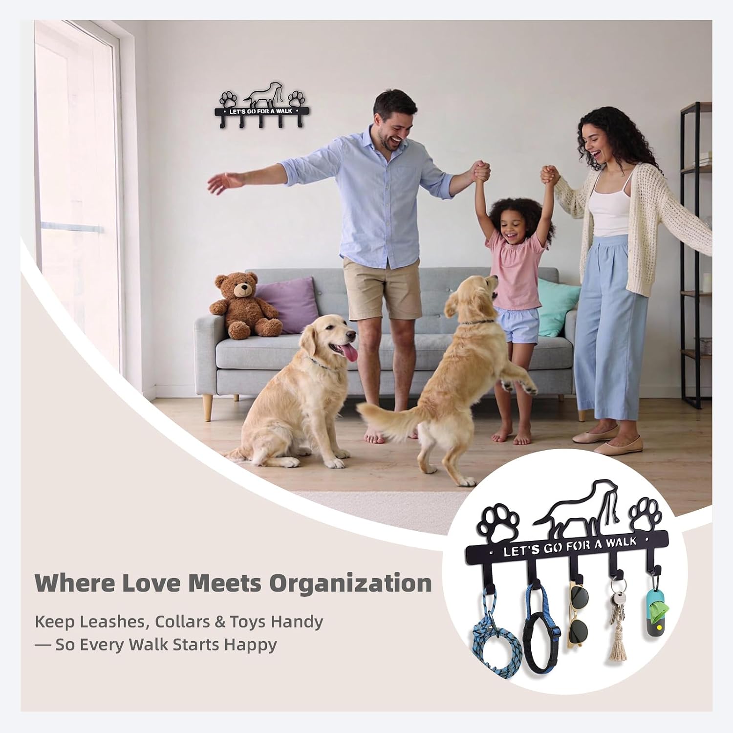 Dog Leash Holder for Wall – Dog Leash Hooks, Leash Holder, Dog Hooks, Decorative Dog Leash Organizer​ w/ 5 Hooks, Hooks for Hanging Dog Leashes, Dog Leash Hanger Organizer, Wall Mount Dog Leash Rack