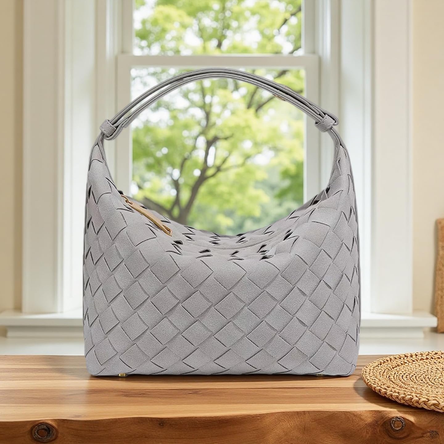 Luxurious Suede Slouch Hobo Bag for Women Woven Leather Shoulder Bags Top-Handle Purses - Image 3