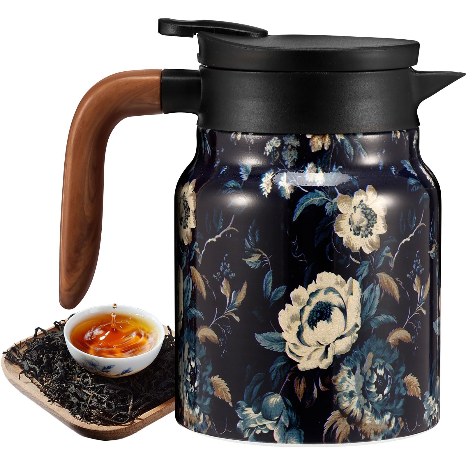 Vintage Floral Teapot, 1L Stainless Steel Thermal Tea Pot Coffee Jug with Built in Infuser and Wooden Handle for Hot Drinks, Insulated Coffee Carafe for Home Office Daily Need