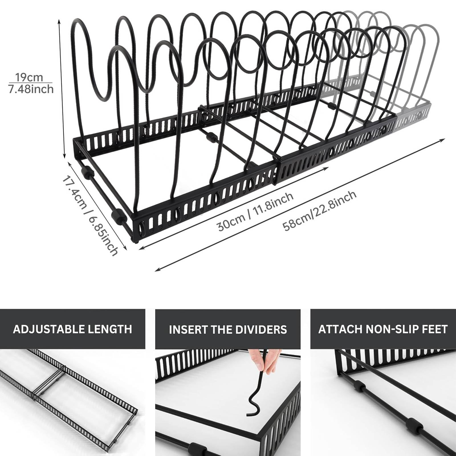 Topfregal, erweiterbarer Topfdeckelhalter für Küchenschrank, Topfregal mit 10 verstellbaren Fächern, Küchenschrank, Kochgeschirr, Backen, Bratregal, Küchenschrank-Organizer-Halter für Schneidebrett