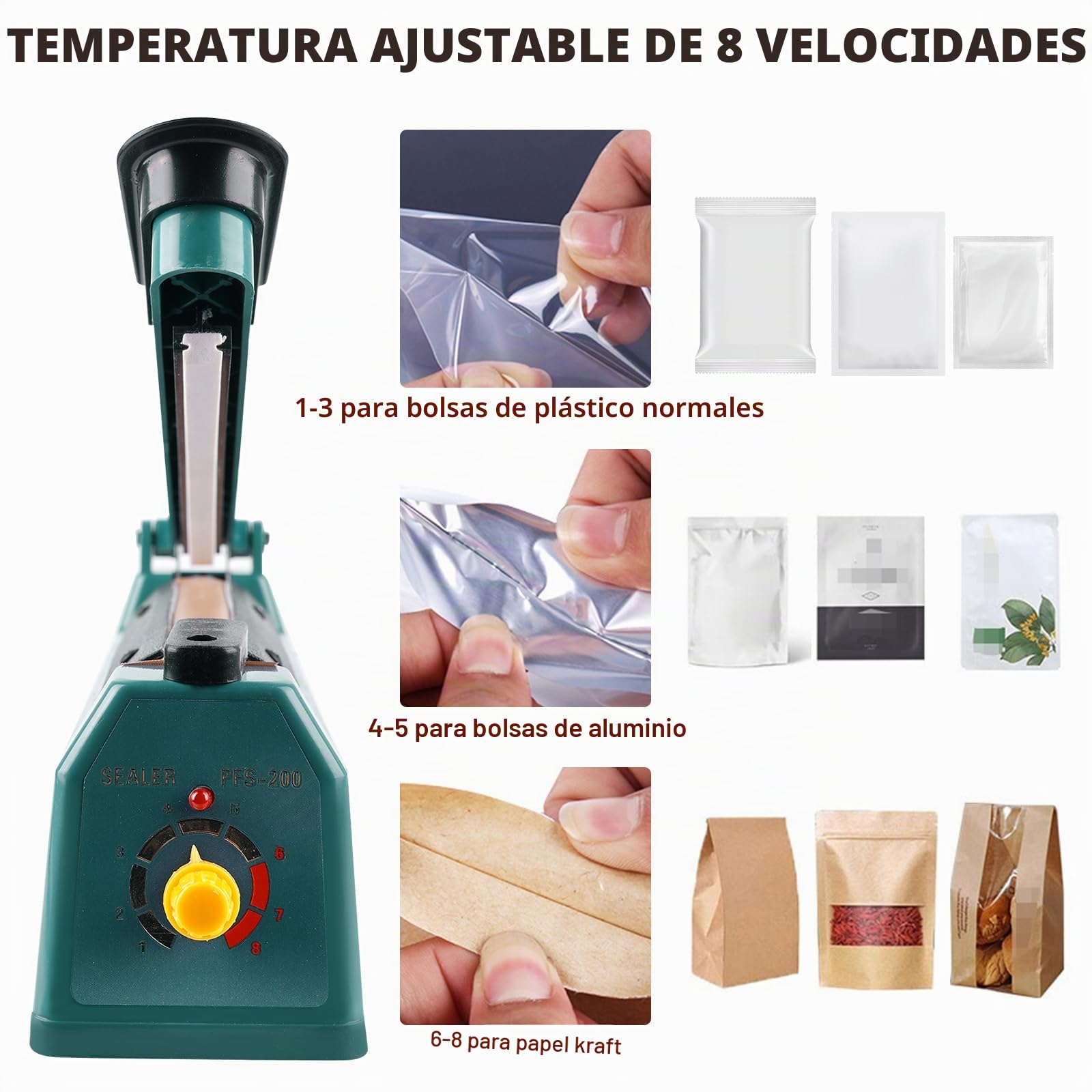 Bordeag Sellador Térmico De 200mm Sellador De Bolsas De Plástico Portátil, Máquina Selladora En Caliente Termoselladora Dispositivo De Sellado Selladora Bolsas De Plastico Para Bolsas De Pp Y Pe