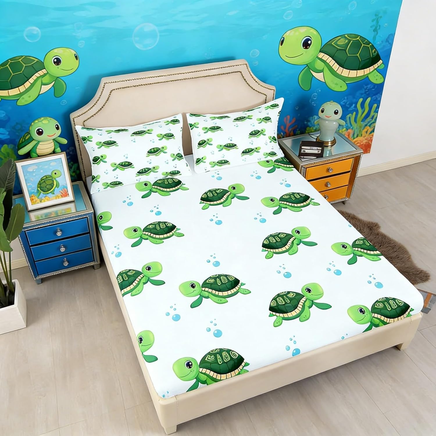 Erosebridal Green Sea Turtle Bedding Sets Blue Ocean Bed Sheets for Kids Boys Teens,Nautical Sea Animal Fitted Sheet Underwater World Reptile Bedding Decor Set Tropical Hawaii Beach Decor Twin Size