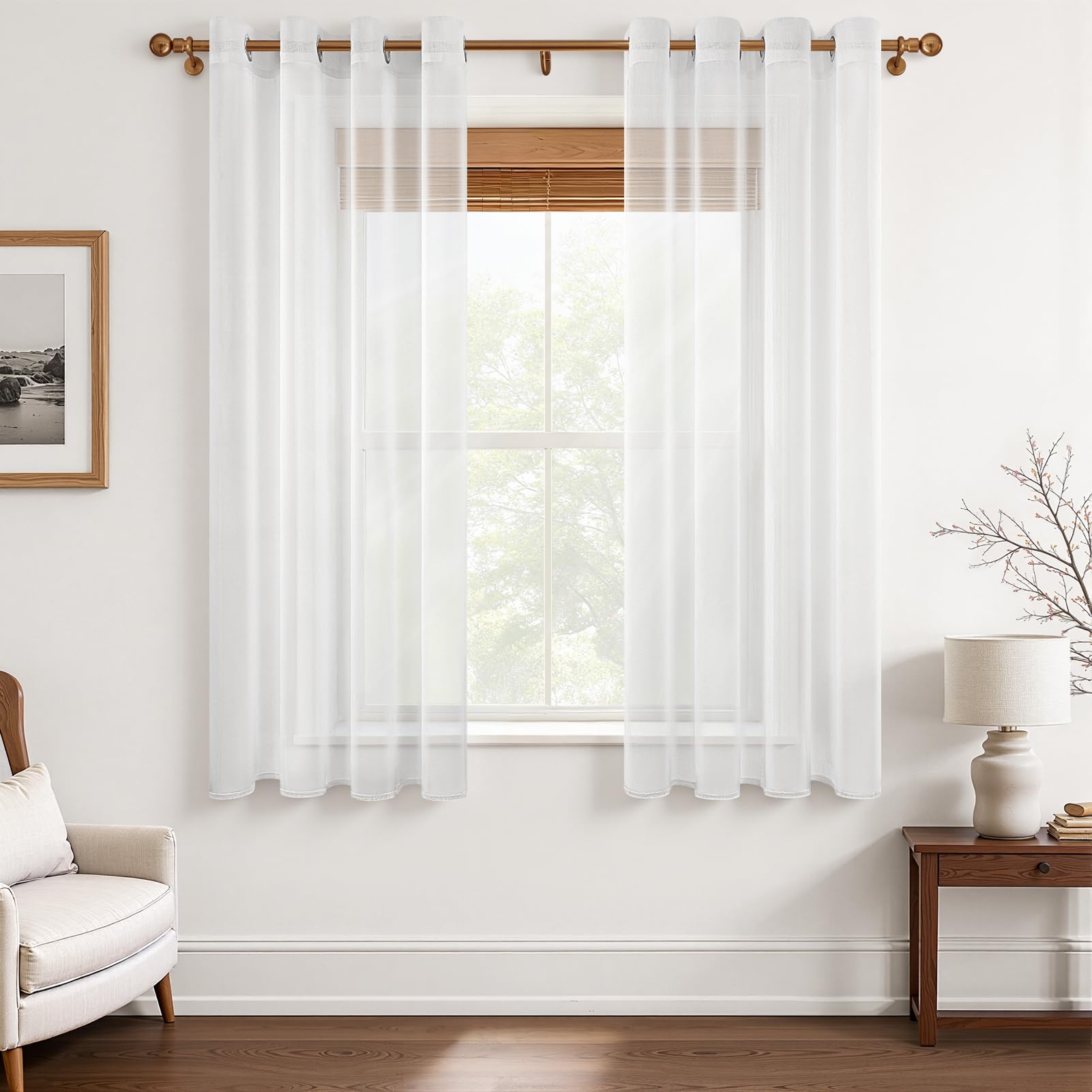MRTREES Voile Gardinen Vorhang halbtransparent kurz mit Ösen in Leinenoptik Stores Gardinen Schals für Wohnzimmer Schlafzimmer Kinderzimmer Weiß 137×140cm (H×B) 2er Set