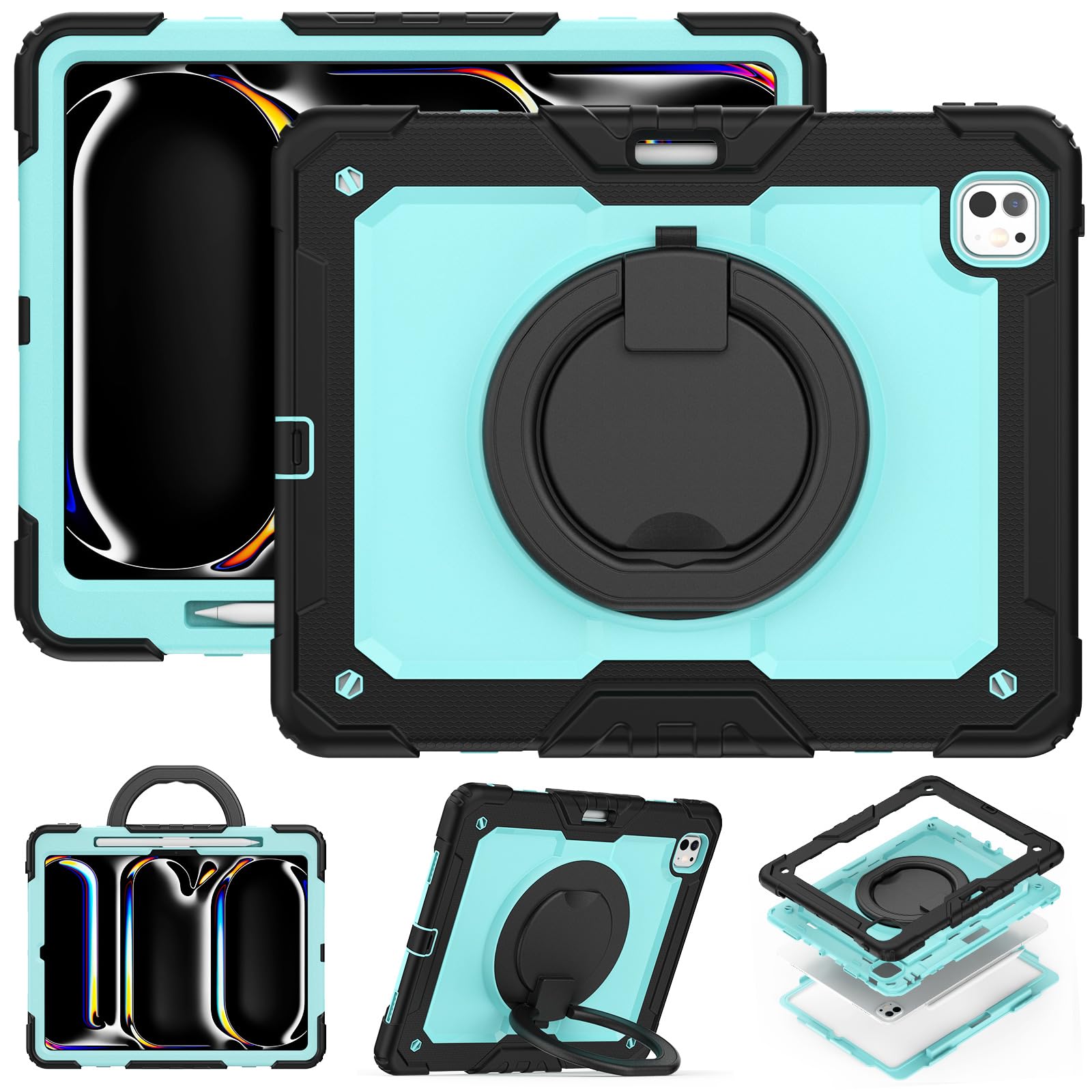 Case Compatible with iPad Pro 13 Inch Case 2024 M4, Full Body Protective Rugged Cover[Pencil Holder+Screen Protector]Rotating Handle Silicone Cover