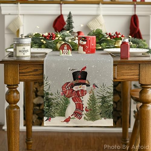 Miniatura 7 de Artoid Mode Camino de mesa de Navidad con diseño de muñeco de nieve, pájaros y árboles, decoración de mesa de comedor para decoración de fiesta en