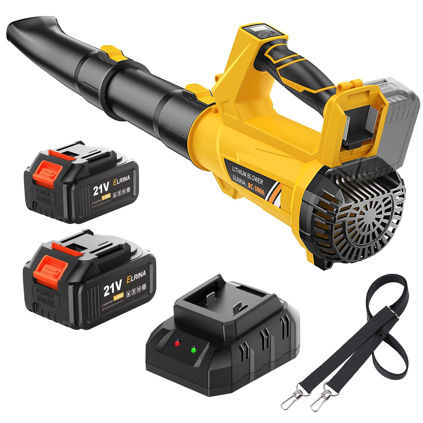ELRINA Leaf Blower Cordless with 2 x 3.0Ah Batteries and Charger, 6-Speed Mode Lightweight Electric Blowers for Lawn Care, Yard Cleaning, Blowing Leaves, Dust, Snow Green, with Shoulder Straps