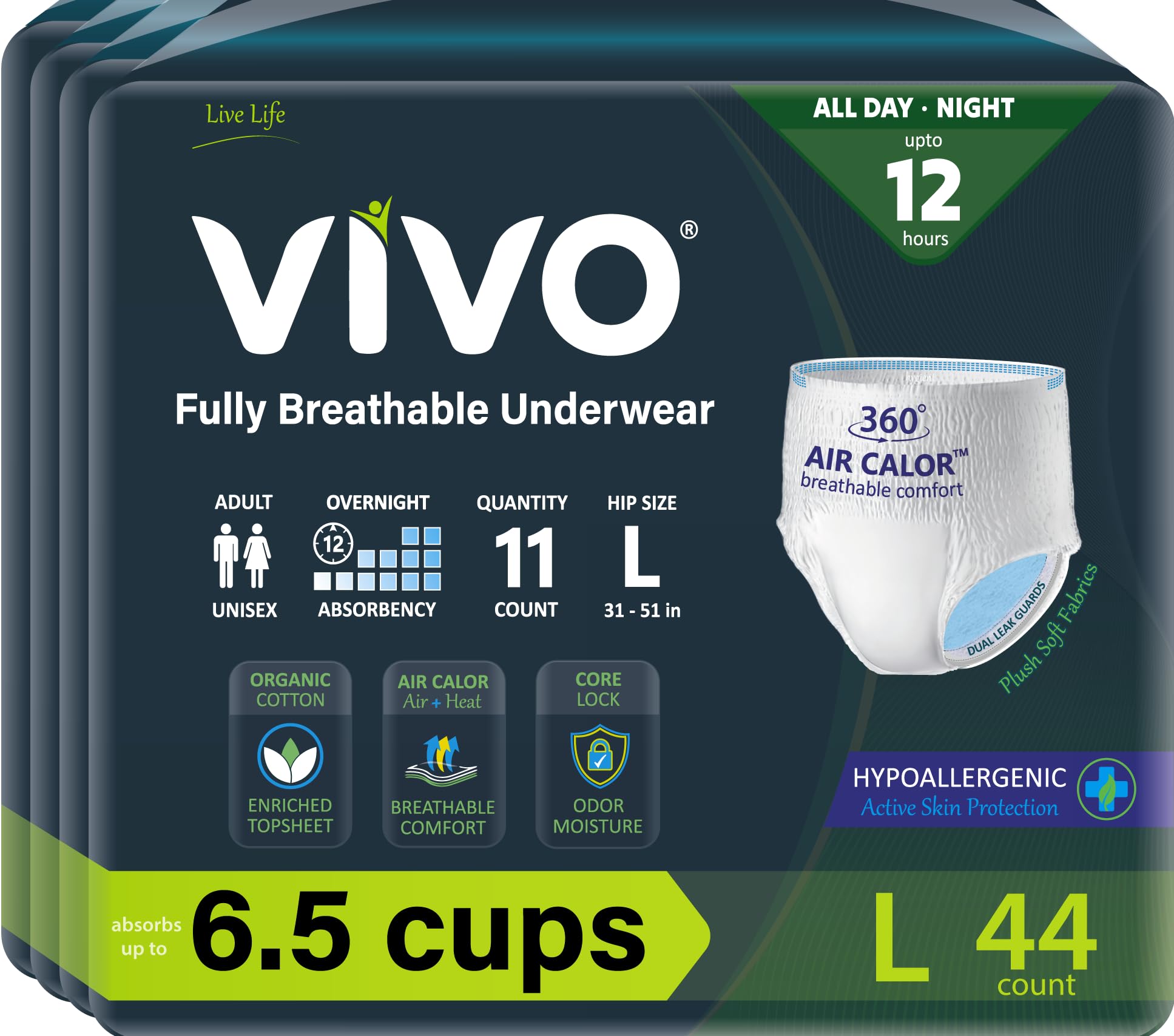 VIVO Organic Cotton Sensitive Skin Overnight Adult Incontinence Pullup Underwear, Women & Men, Large 44 Count