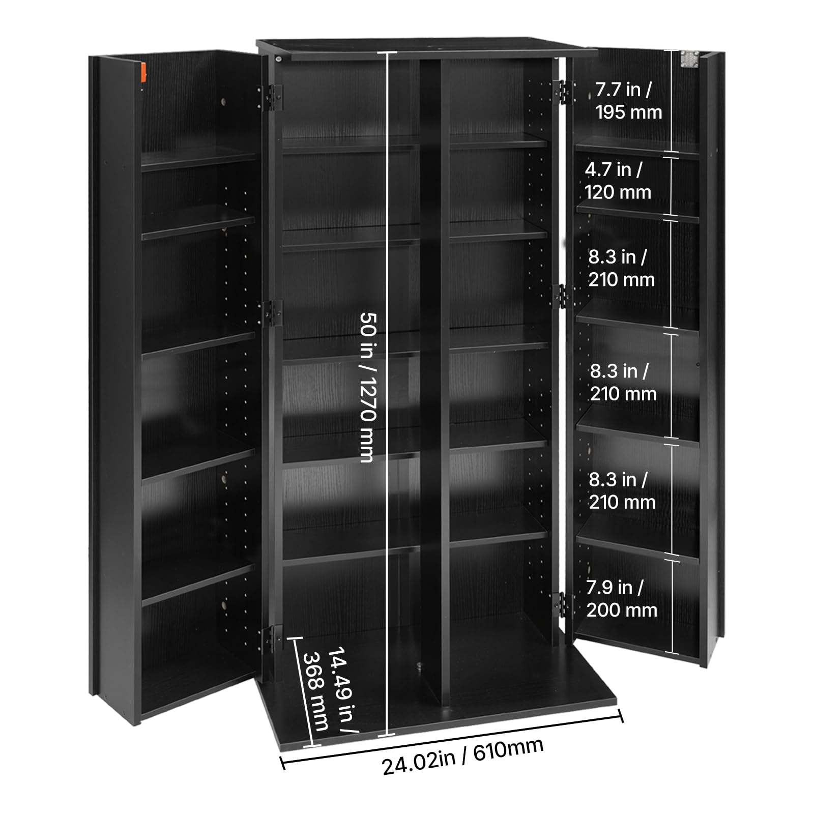 VEVOR Armadietto Portaoggetti Multimediale 6 Ripiani, Mobiletto per CD DVD Giochi con Ante Ripiani Regolabili da Ufficio Studio Soggiorno, Mobiletto Portaoggetti Libri CD DVD 610x368x1270 mm, Nero