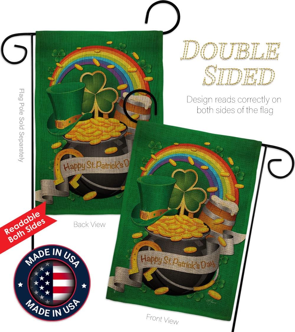 Breeze Decor Happy Day Garden Flag Set Wall Hanger Spring St Patrick Shamrock Leprechaun Lucky Coin Holiday March Irish Clover House Banner Small Yard Gift Double-Sided, 13"x 18.5", Thick Burlap