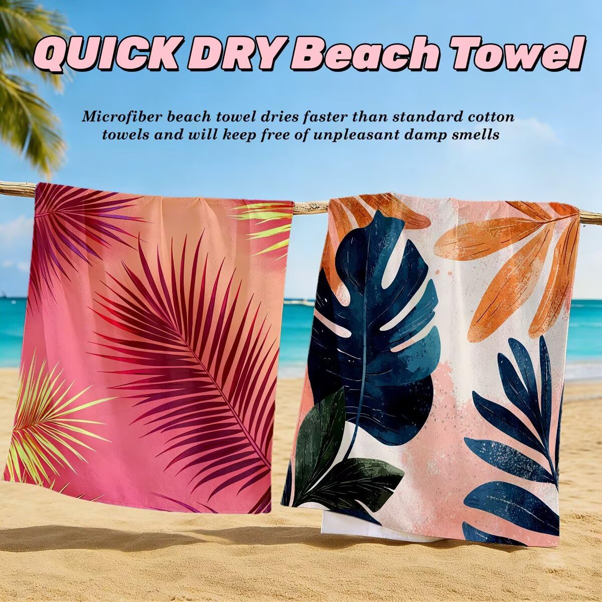 Toalla Playa 80x160 cm, Toalla Gimnasio Microfibra Secado Rapido, Juego de 2 Antiarena Toallas de Playa, Ligera Compacta Toallas Microfibra Grande para Viaje, Regalo Hombre Regalo Mujer (Hoja) -4875