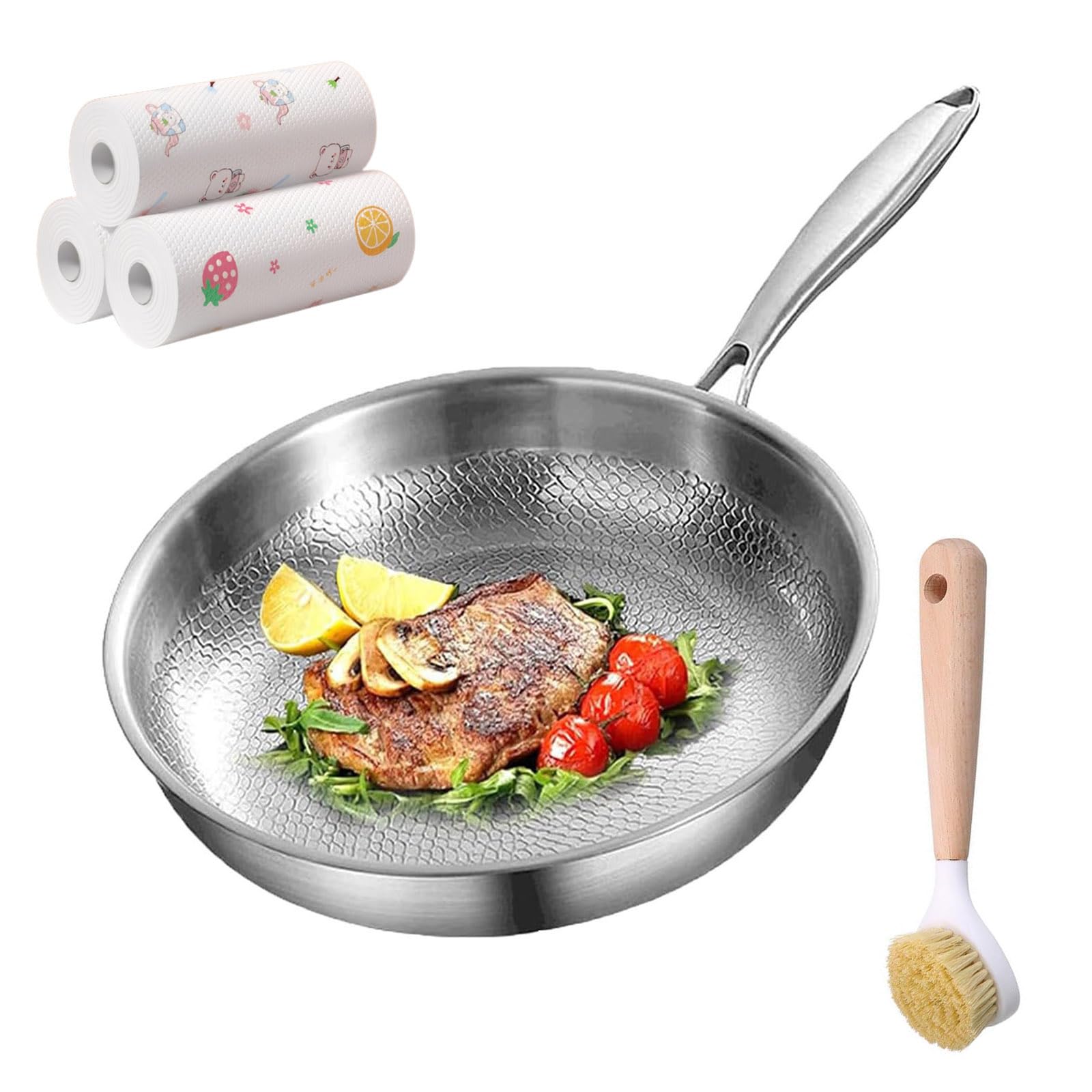 Sarten de Titanio Puro Antiadherente, Sarten Acero 304 Con Titanio, Sin Recubrimientos y Resistente a Los Arañazos, Calentamiento Rápido y Uniforme, Compatible Con Todas Las Placas (Sin tapa, 24cm)