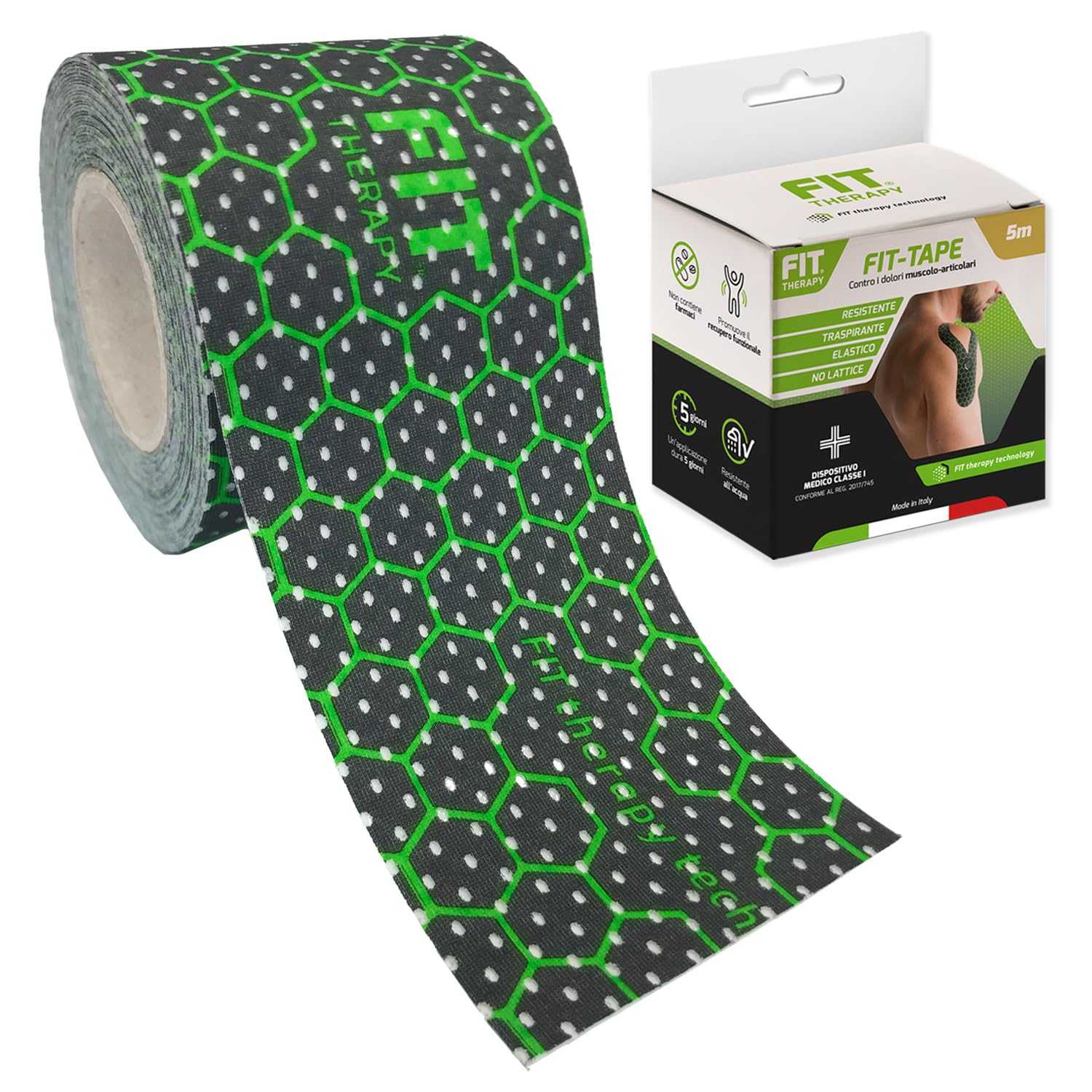 FIT Therapy – Tape Kinesiologico Professionale per Sport e Recupero Muscolare – Kinesio Tape Antidolorifico e Antinfiammatorio – NON SCALDA, Impermeabile, Senza Farmaci, Dura 5 giorni (5 Metri)