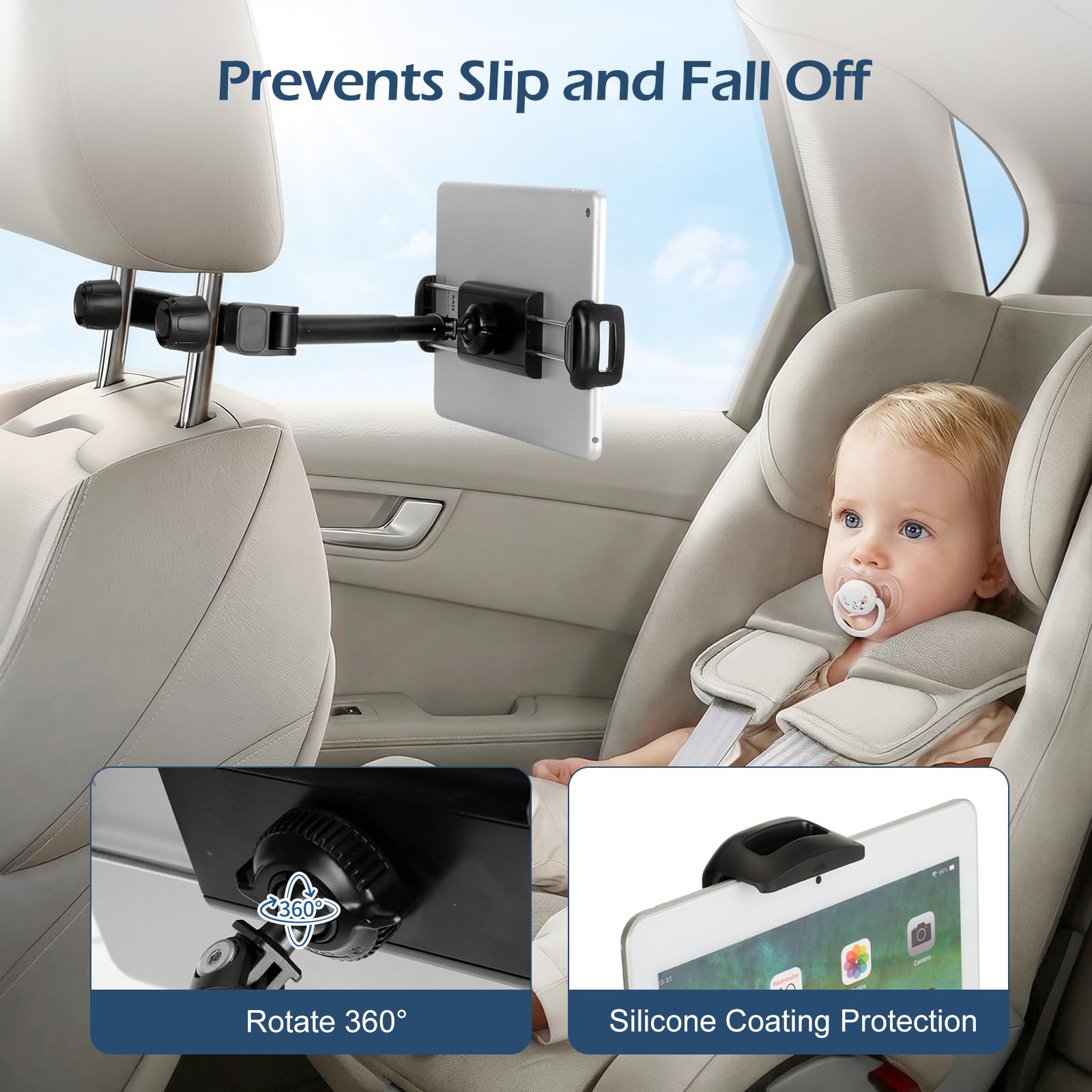VINATO Tablet Holder for Car, Adjustable Car Mount for iPad Kindle 4-12.9 Inch, 360° Rotation Black