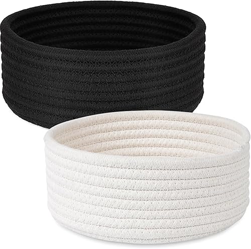 Paquete de 2 cestas tejidas, cuerda de algodón natural pequeña, redonda, decorativa, para juguetes, cesta decorativa para guardería, cestas redondas