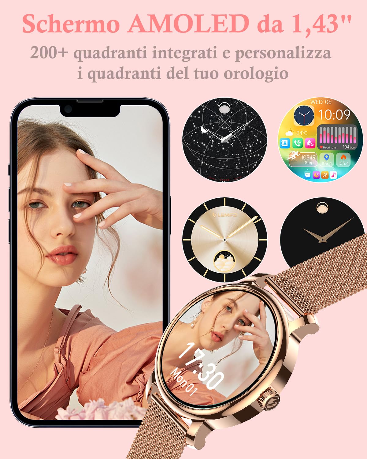 BKOHJAJI Smartwatch Donna IP68 con Schermo AMOLED 1,43"/Chiamata Bluetooth Orologio Smartwatch, 120+ Sport/Frequenza Cardiaca/SpO2/Pressione Sanguigna/Sleep Smart Watch Donna Rotondo per Android iOS