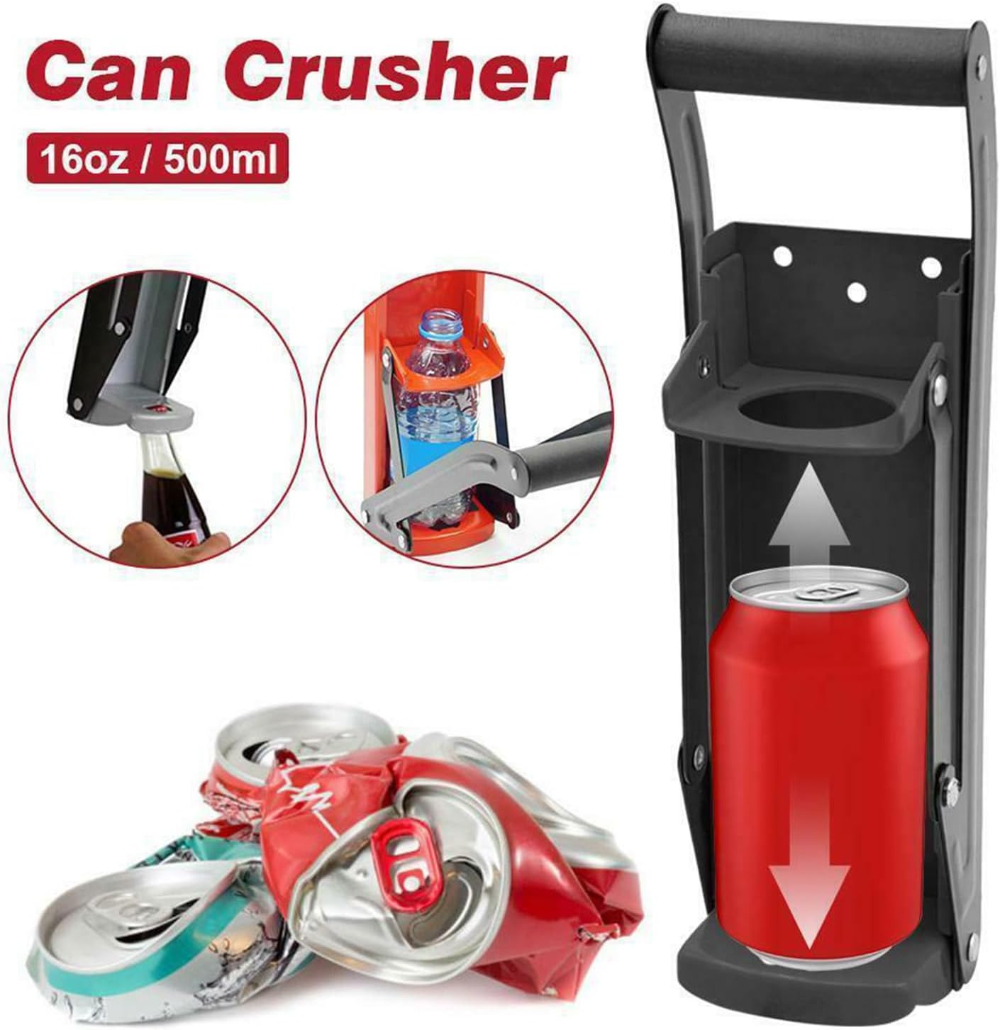 2 Pack 16 Oz. Heavy Duty Aluminum Can Crusher Wall Mounted with Bottle Opener - Eco-Friendly 2-in-1 Can Smasher for Recycling, Countertop & Wall-Mounted Crusher Gadget for Soda, Beer Cans, Black