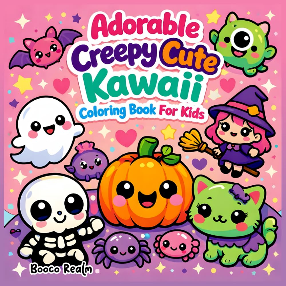 Adorable Creepy Cute Kawaii Coloring Book for Kids: Fun & Friendly Spooky Characters Cute Ghosts, Monsters, Bats & Pumpkins