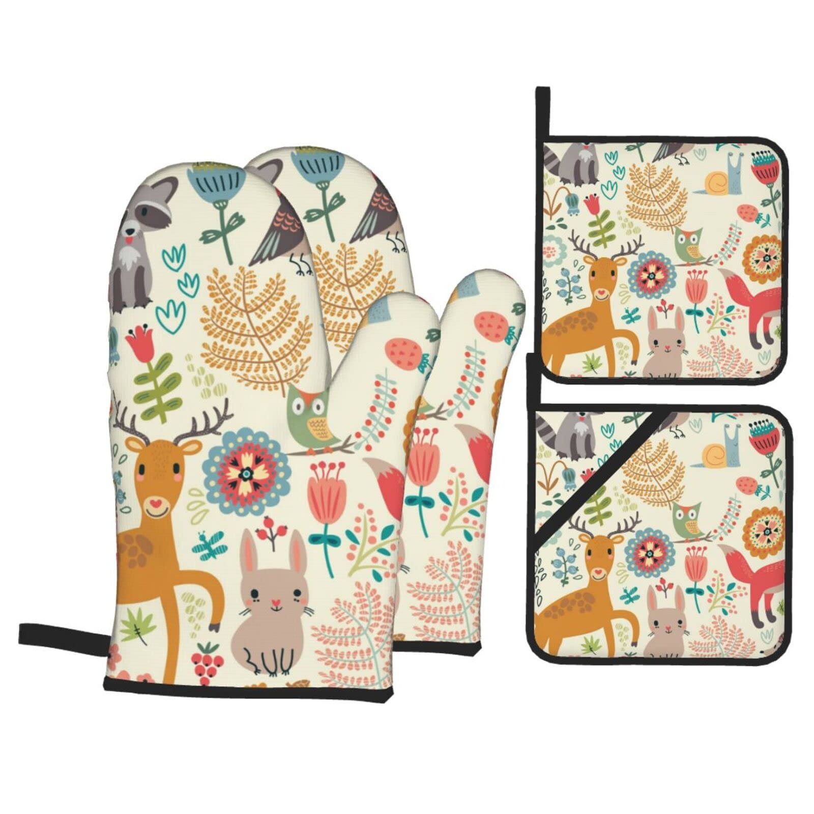 Forest Animal Oven Mitts & Pot Holder Set - 3PCS Heat Resistant Kitchen Gloves With Owl, Deer, Fox Designs For Baking, Cooking & BBQ