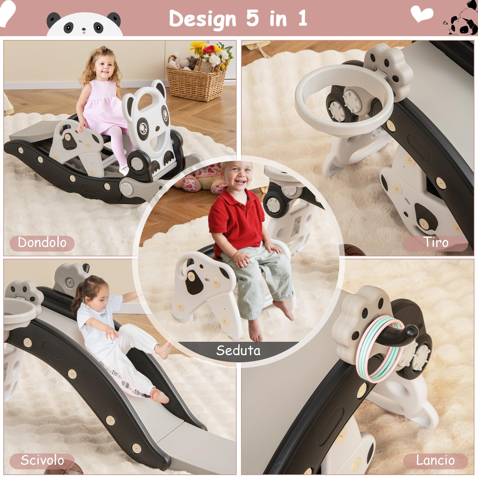 RELAX4LIFE 5 in 1 Set Cavallo a Dondolo con Scivolo e Canestro da Basket e Palla e Lancia di Anelli, Struttura Stabile con carico di 60 kg, 105 x 72 x 57 cm (Modello 4 NERO)