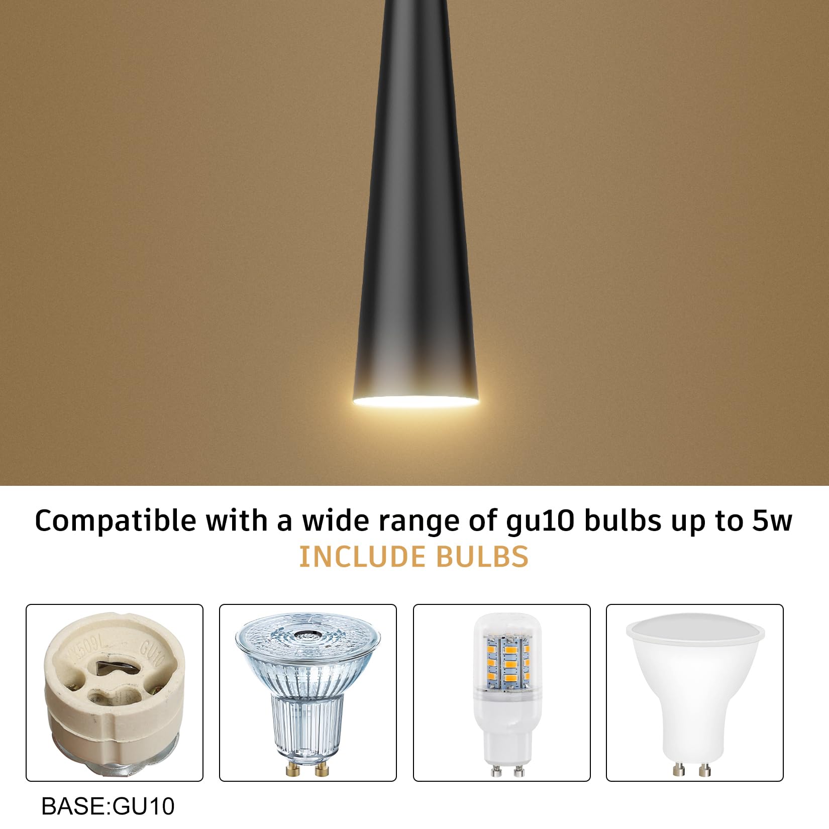K-Bright 2 pezzi lampada a Sospensione ristorante, 5W Lampadina Gu10, Regolabile In Altezza lampada a sospensione moderna per cucina soggiorno tavolo da letto, luce bianca calda 3000K(Nero)