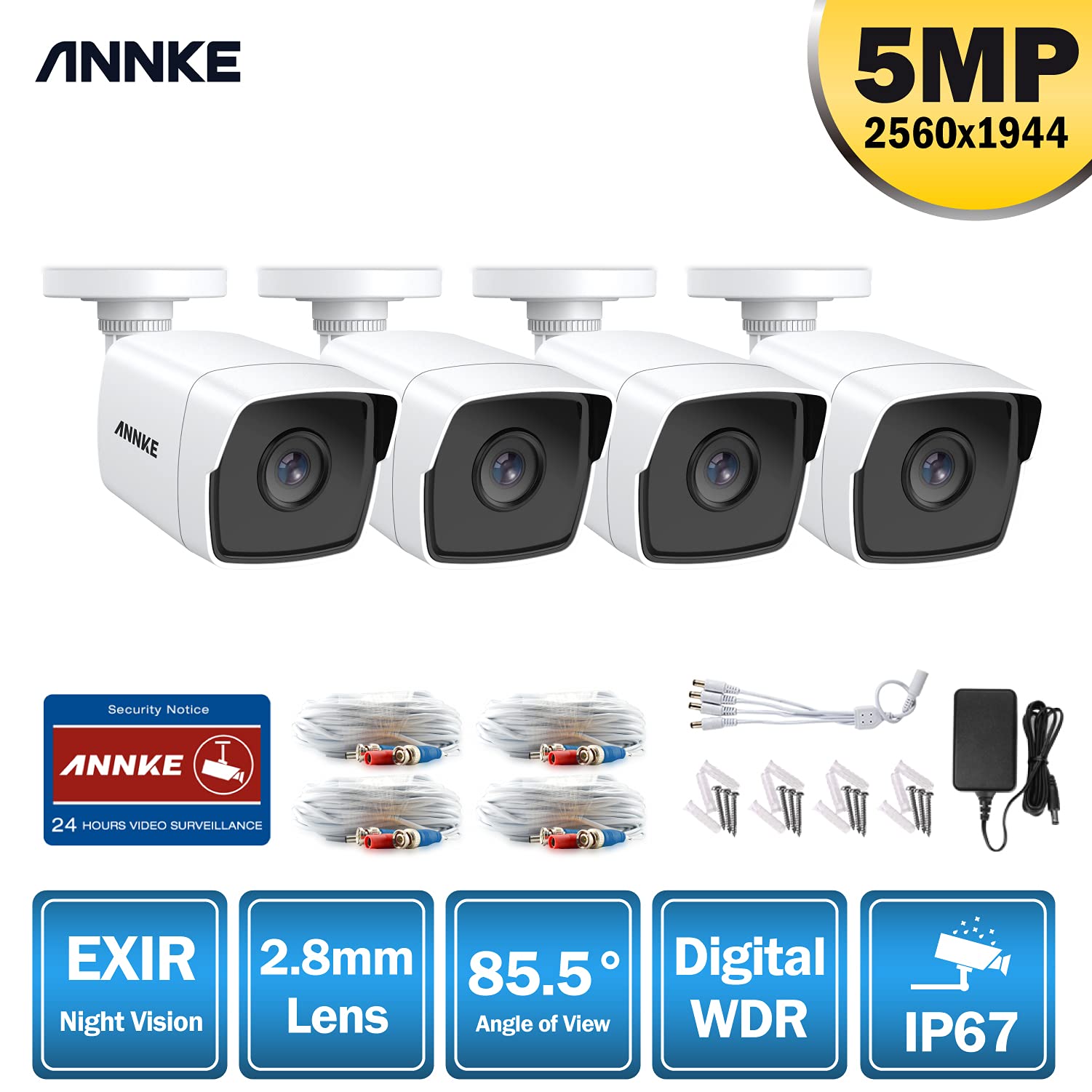 ANNKE 4pcs 5MP Analogica Videocamera Sorveglianza Esterno per DVR Kit Videosorveglianza, 30M EXIR Visione Notturna Telecamere da Esterno, Bianco