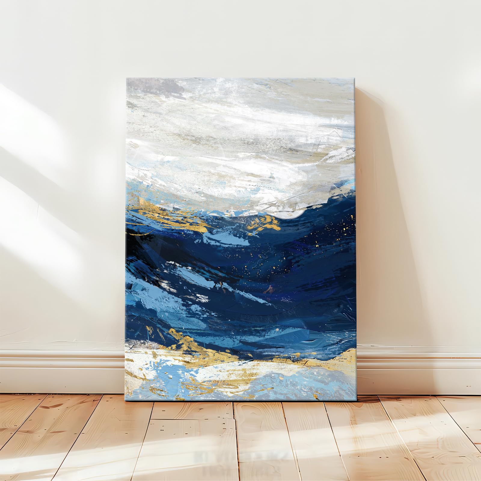 WENGTIAO Abstract Minimalist Blue Canvas Wall Art Prints Framed Pictures Navy Blue Sea Wave Gold Gray Painting on Canvas Living Room Bedroom Home Wall Decor Ready to Hang 30x40cm - Image 3