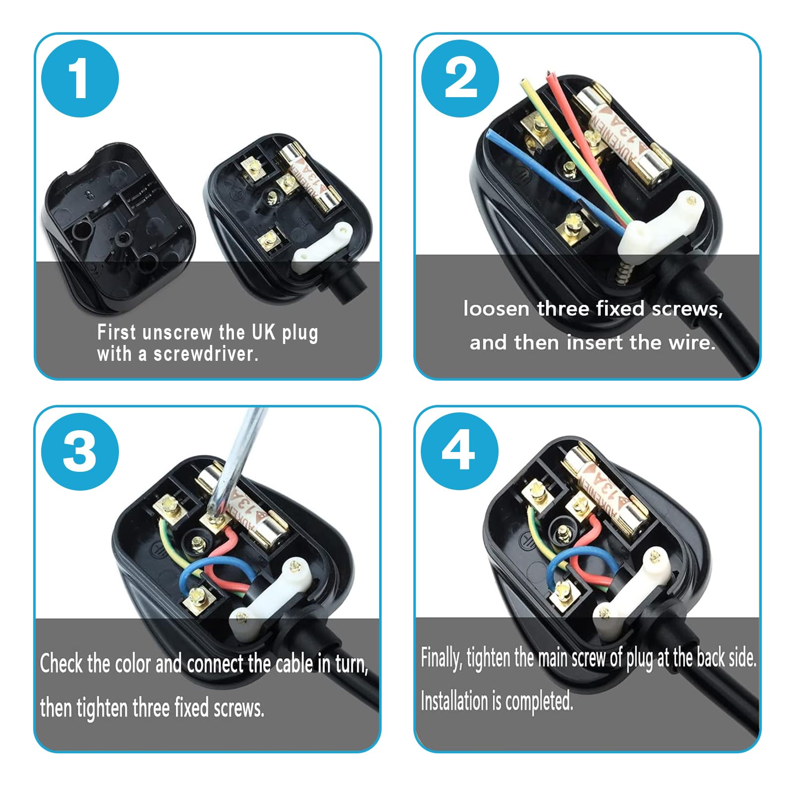 UK Plugs with 13 AMP Fused, 3 pin Mains Plug with Cord Grip Rewireable Heavy Duty Electrical Plug, Rubber Composite Plug - Image 3