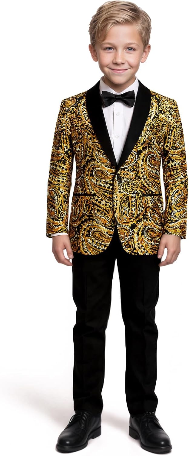 Boys 4-Piece Suit Set Paisley Floral Sequins Embroidered Velvet Blazer Jacket Black Pants Shirt Bow Tie Outfit 5-16Y
