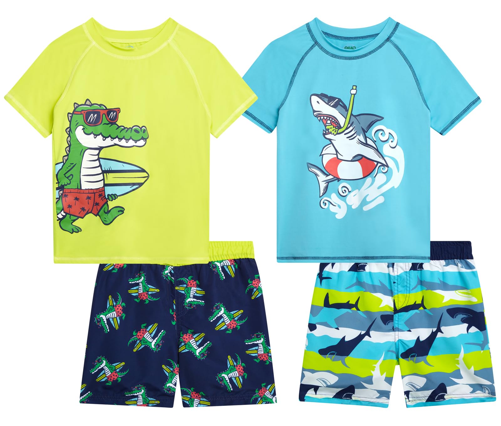 Quad Seven Toddler Baby Boys Swim Set - 4 Piece Swim Trunks and Short Sleeve Rash Guard for Boys Kids Swimwear (Sizes: 12M-7)