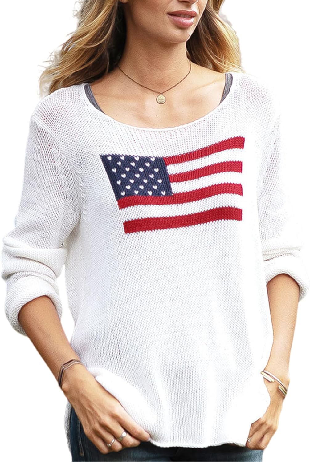 Women American Flag Sweater 4th of July Long Sleeve Crewneck USA Sweatshirt Vintage Hollow Out Knit Pullover Tops