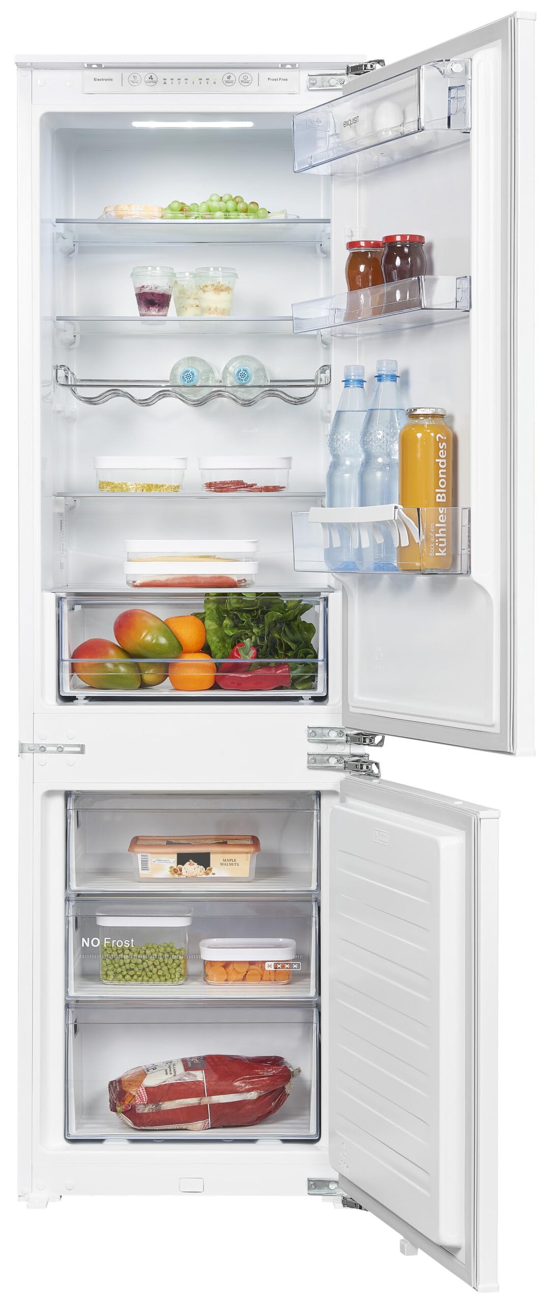 Exquisit® Frigorífico Combi, 246L, Clase E, Color Blanco, Tecnologia No-Frost, Cajón Verdulero, Puerta Reversible, Regulación con Visualización Digital, Consumo 217 kWh/año, Medidas 178,2x54x53 Cm.