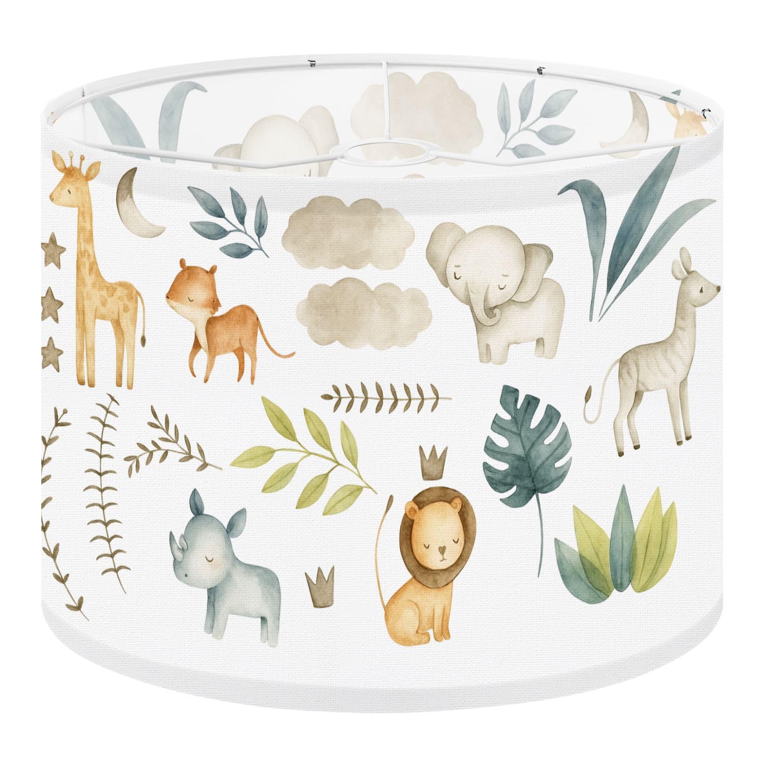 Fabric Drum Lamp Shade Safari Animals Watercolor Baby Elephant Lion Zebra Vintage Funky Medium Linen Decorative Lampshades 13inch Set of 1 for Table Lamps, Floor Lamps,Ceiling Lamp