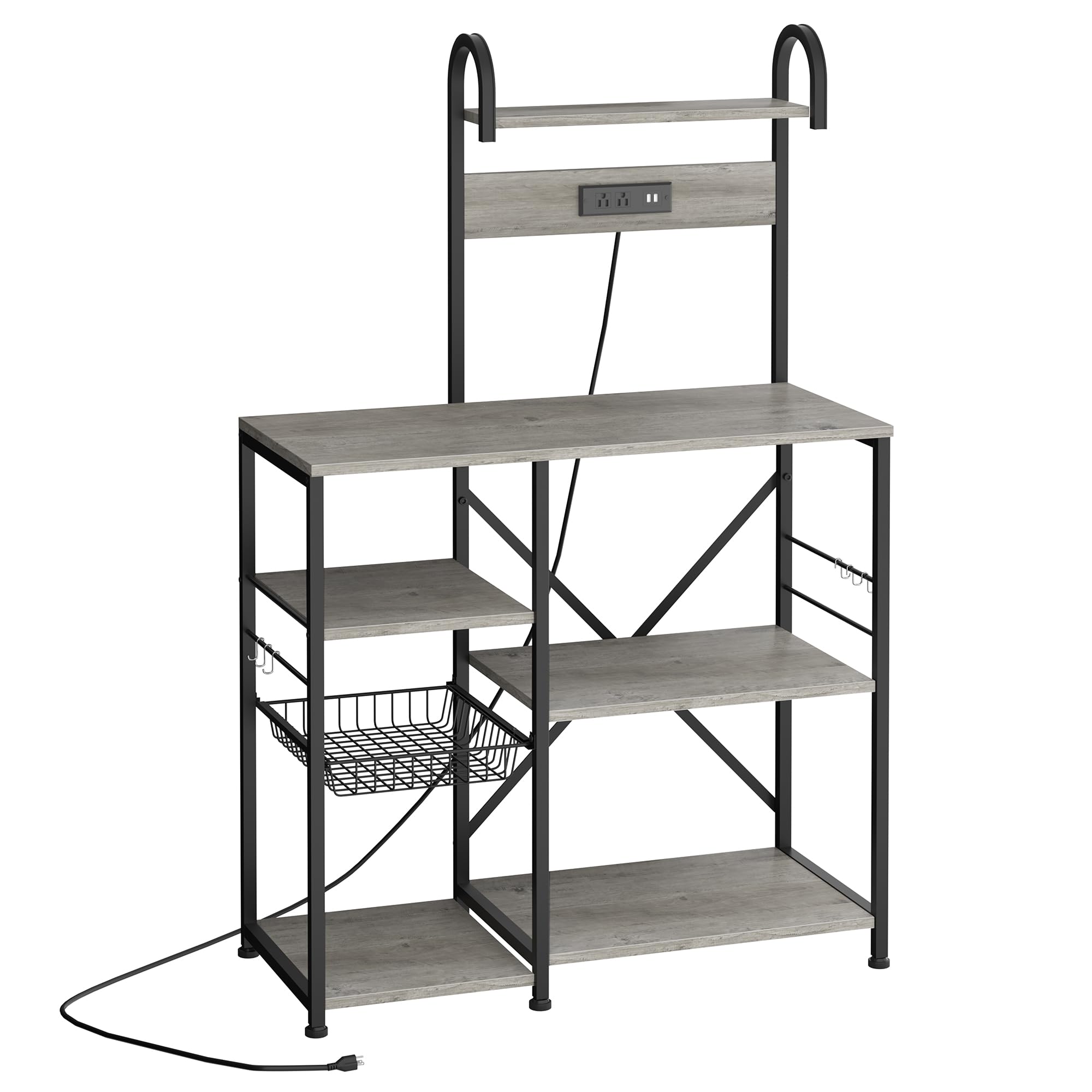 Shintenchi Bakers Rack with Power Outlet & USB Ports, Wire Basket and 6 Hooks, Microwave Oven Stand, Kitchen Shelf, Coffee Station, Kitchen Organizers and Storage (Gray)