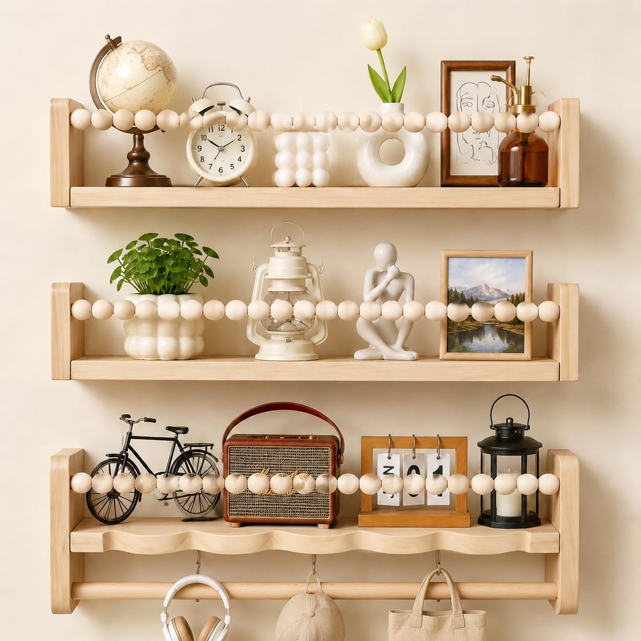 DpTerranubis Nursery Floating Book Shelves Set of 3, 40cm Wooden Wall-Mounted Kids Bookshelf with Hanging Rail | Baby Nursery Decor, Toy Display & Storage Shelves for Children's Room, Bedroom