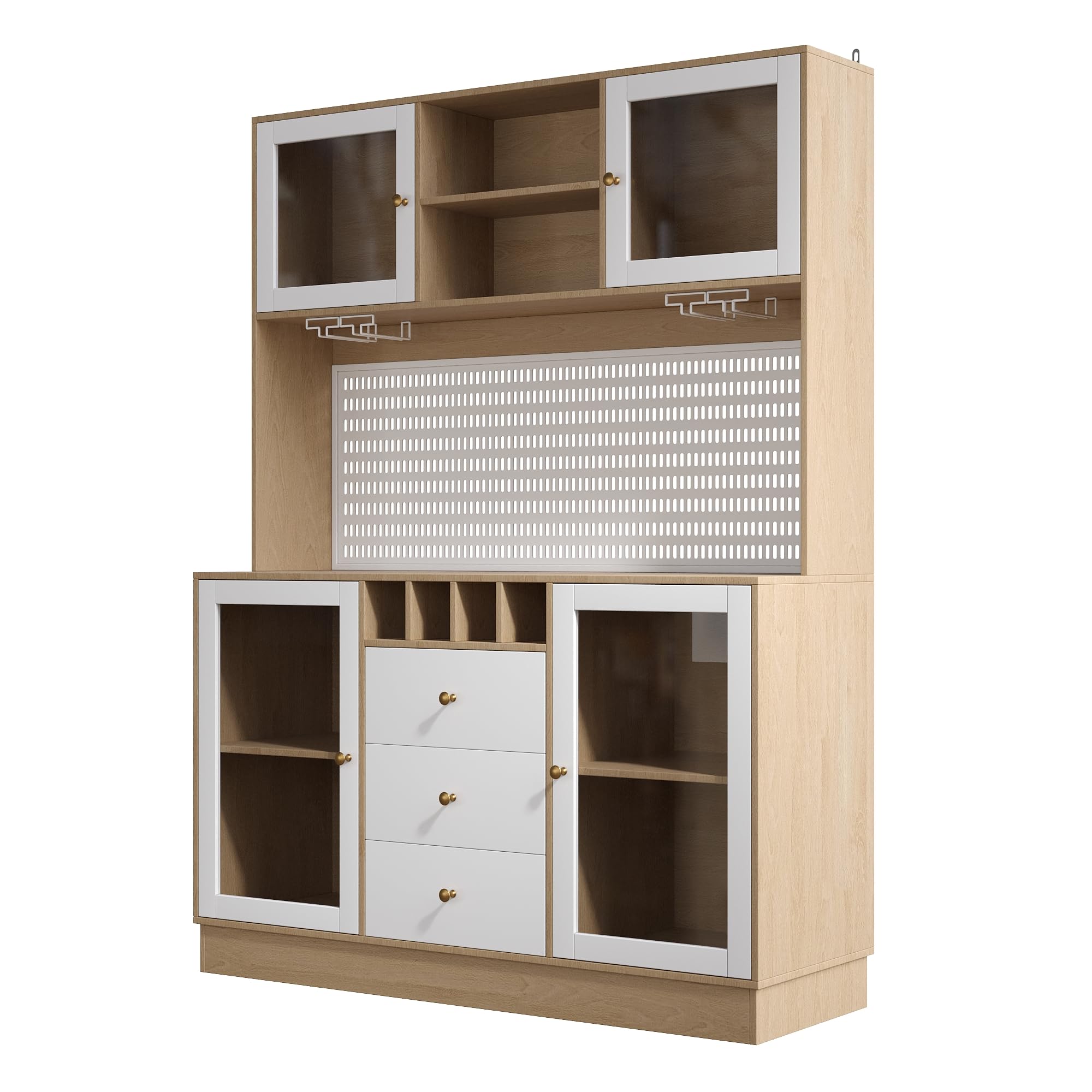 Alacena de Cocina Aparador Alto Moderno con LED y Placa Perforada, Armario Cocina con Botellero, Mueble Auxiliar Aparadores, 3 Cajones y 4 Puertas, Dispositivo Antivuelco, 140x40x185.7 cm,Blanco