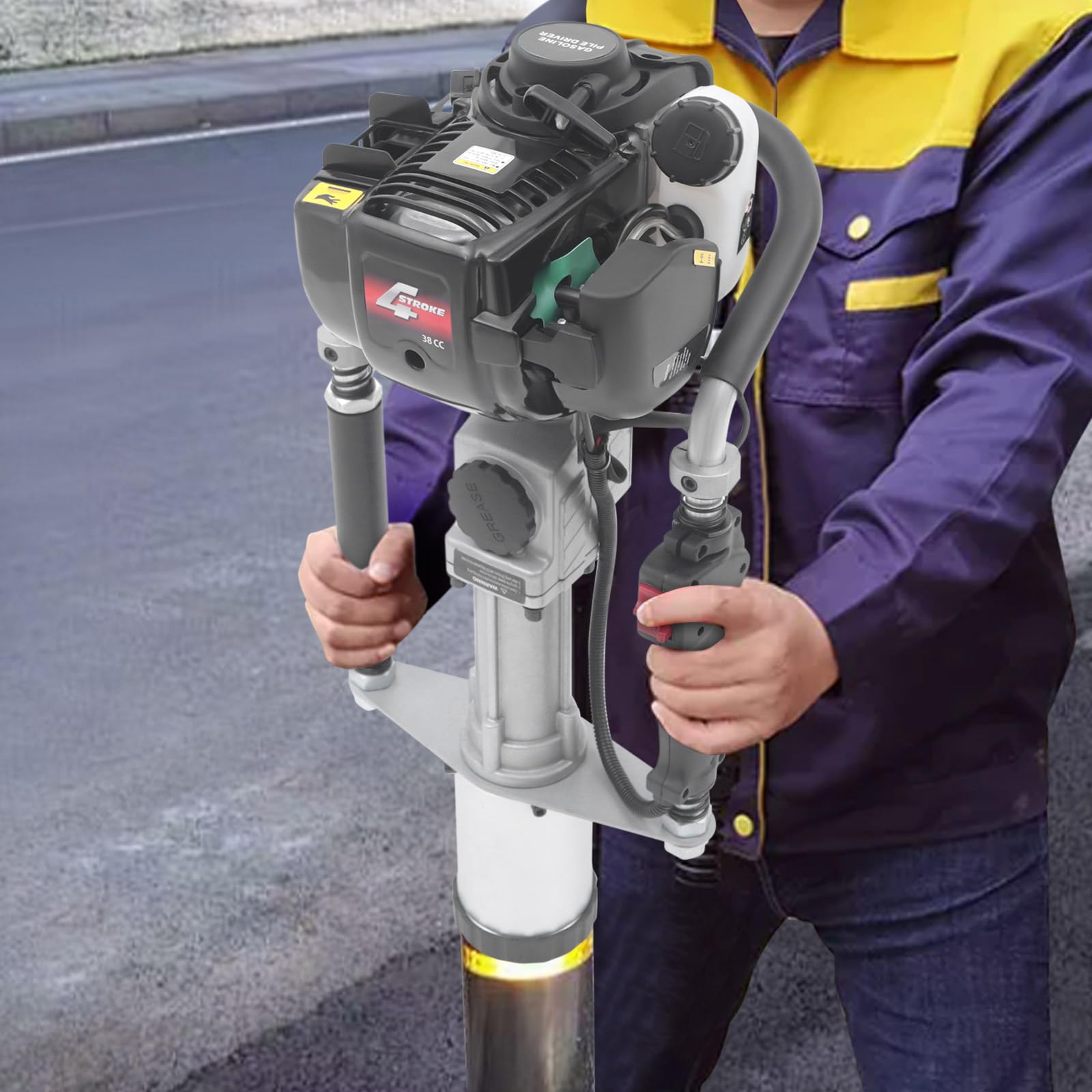 FXEIPOL T Post Driver Hammer Drills 37.7CC 4-Stroke Gasoline Engine Pile Driver Gas Powered T Post Driver with Air-Cooled with Single-Cylinder Gas Powered Pile Driver for Gardening, Road Fencing