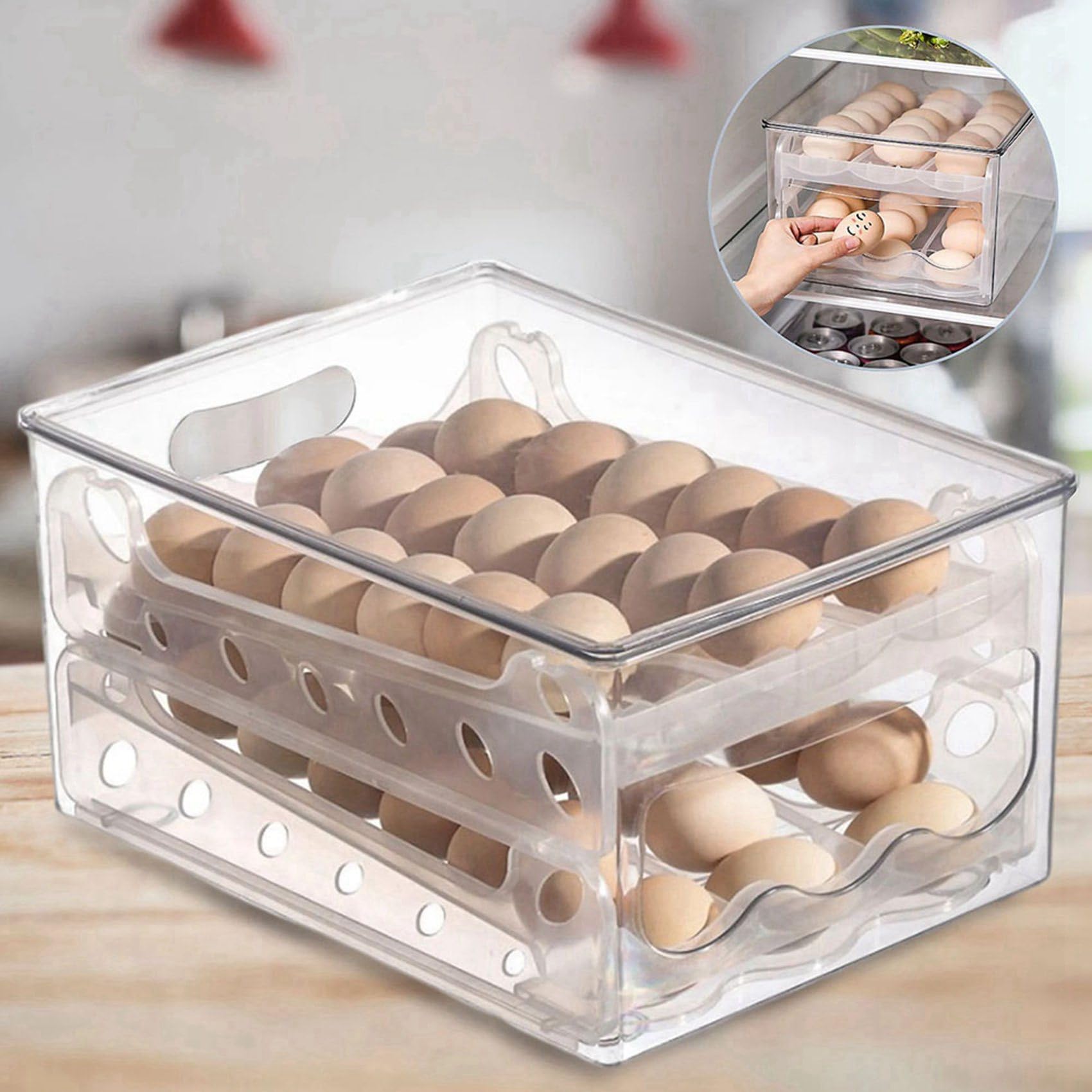 2X Caja de Almacenamiento Deslizante para Huevos, Contenedor para Huevos, Cajón para Refrigerador, Caja Apilable para Huevos de Comida, Organizador para Nevera de Cocina