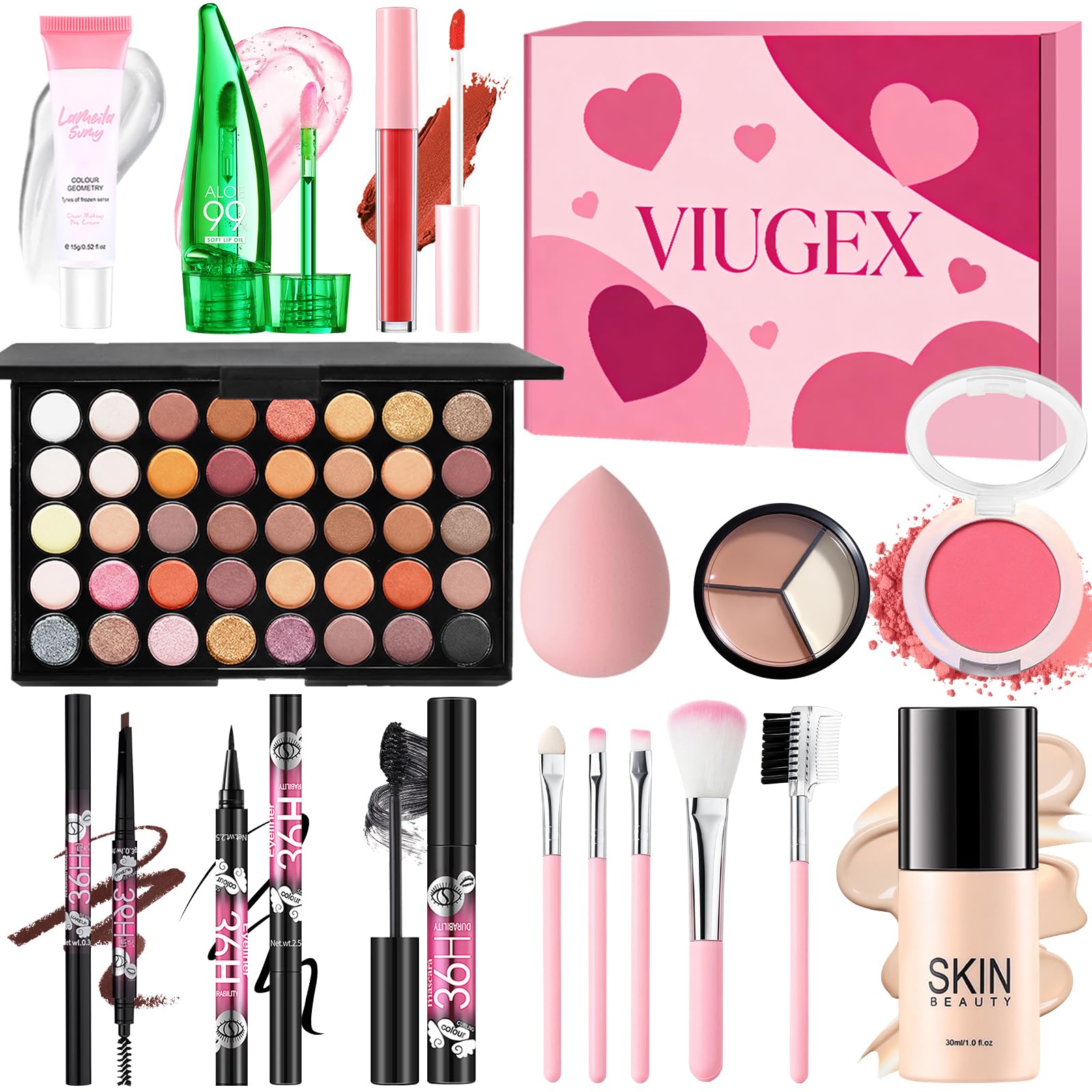 Coffret Maquillage Femme, Kit de Maquillage Tout-en-un, Coffret Cadeau Maquillage Ado Fille avec Fond de Teint, Fard à Paupières Palette, Blush, Correcteur, Brillant à Lèvres, Eyeliner, Mascara