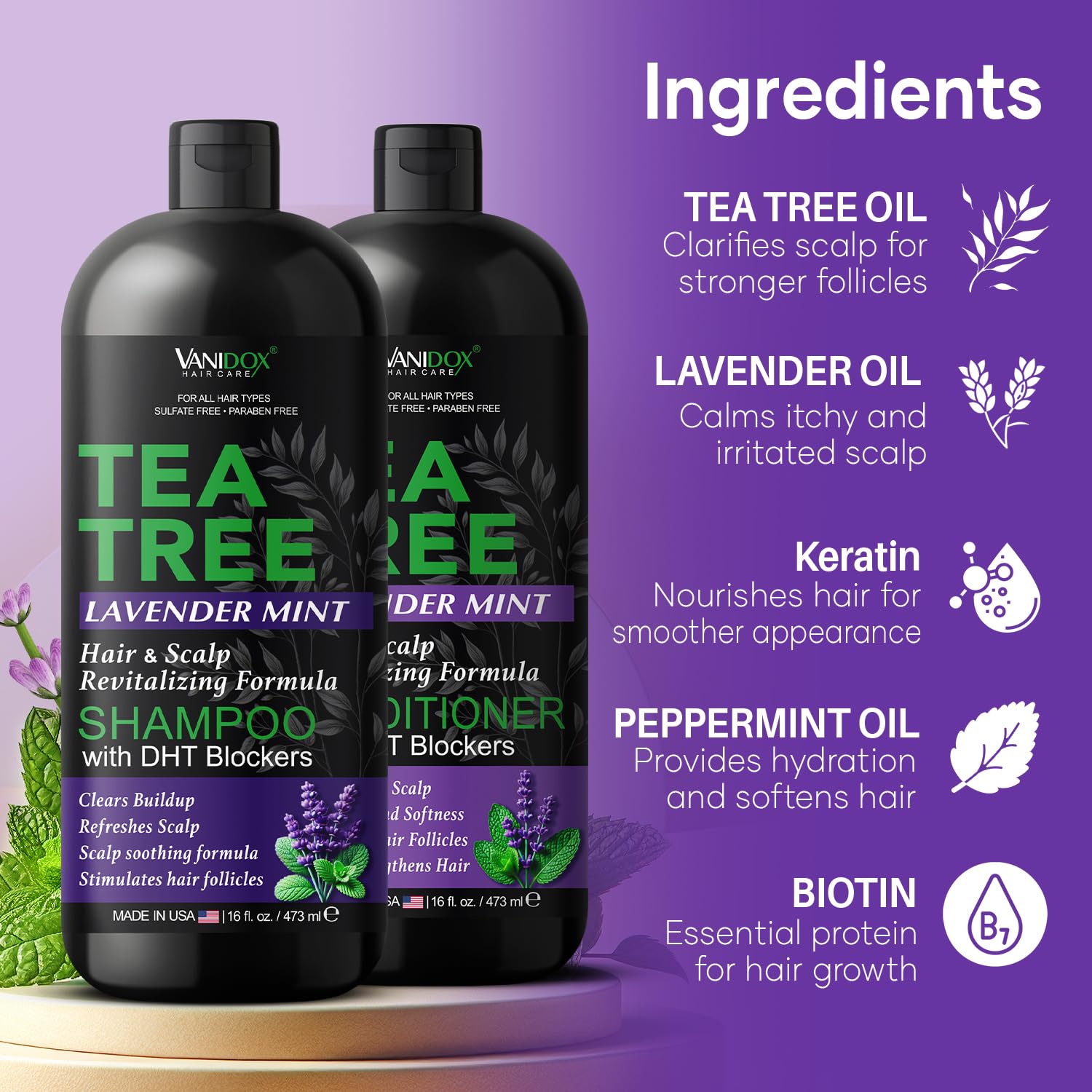 Tea Tree Shampoo and Conditioner Set with Lavender and Mint | DHT Blockers | With 100% Pure Tea Tree Oil for Itchy, Dry Scalp | Sulfate & Paraben Free | For Men & Women | 16 fl oz Each - Image 4