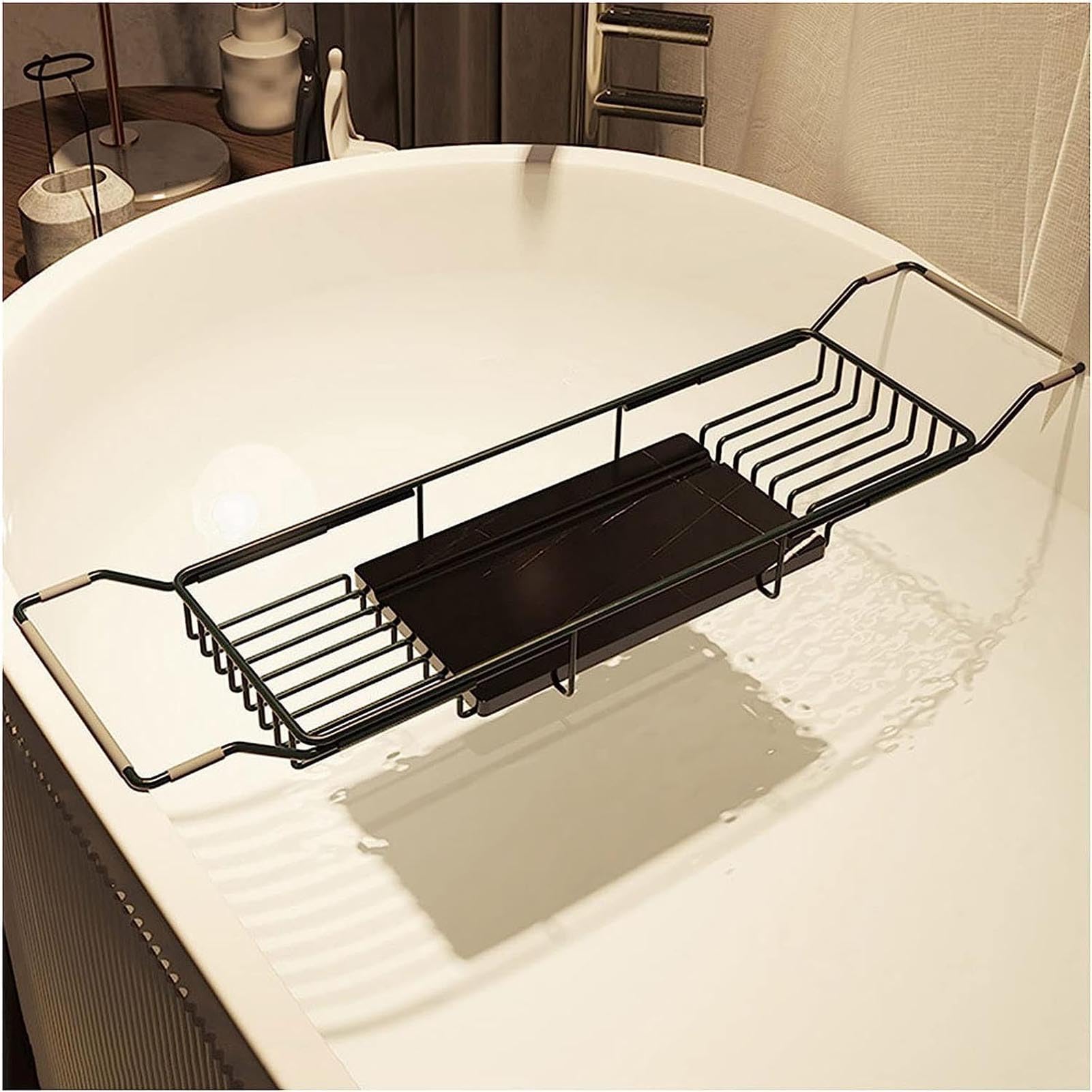 JKJZSALJ Metal Marble Bathtub Rack, Bathtub Caddy Tray Stainless Steel Shower Caddy Tray With Extending Sides, Bathroom Trays, For Hotel Spa Shower Stall-Gold-B,Black-A