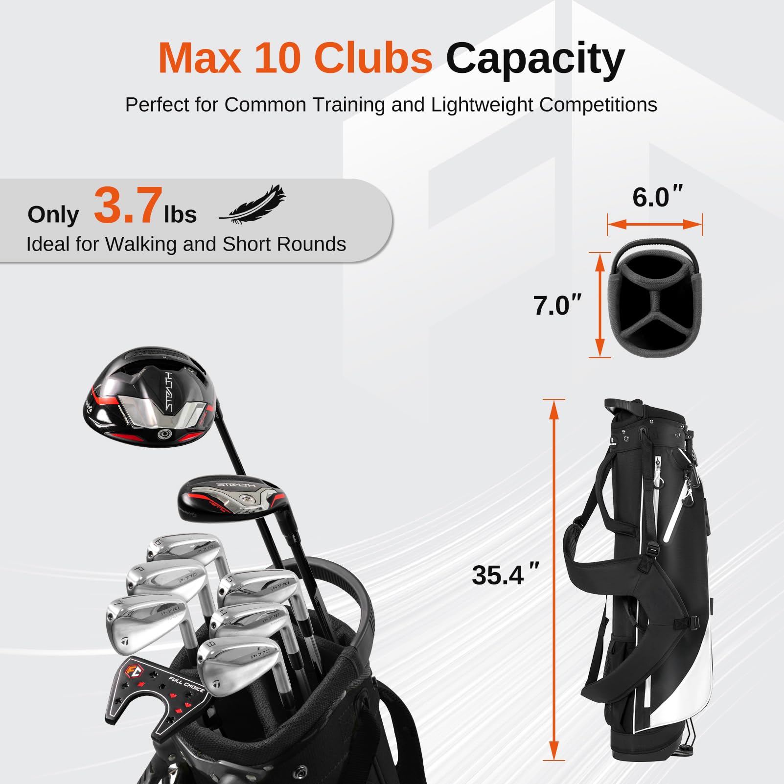 Sac de Golf Léger sur Support - 4 Séparateurs Pleine Longueur, 10 Clubs Max, 1.7 kg, Double Bretelles, Support Auto - Practice, par 3 et Terrains Standard